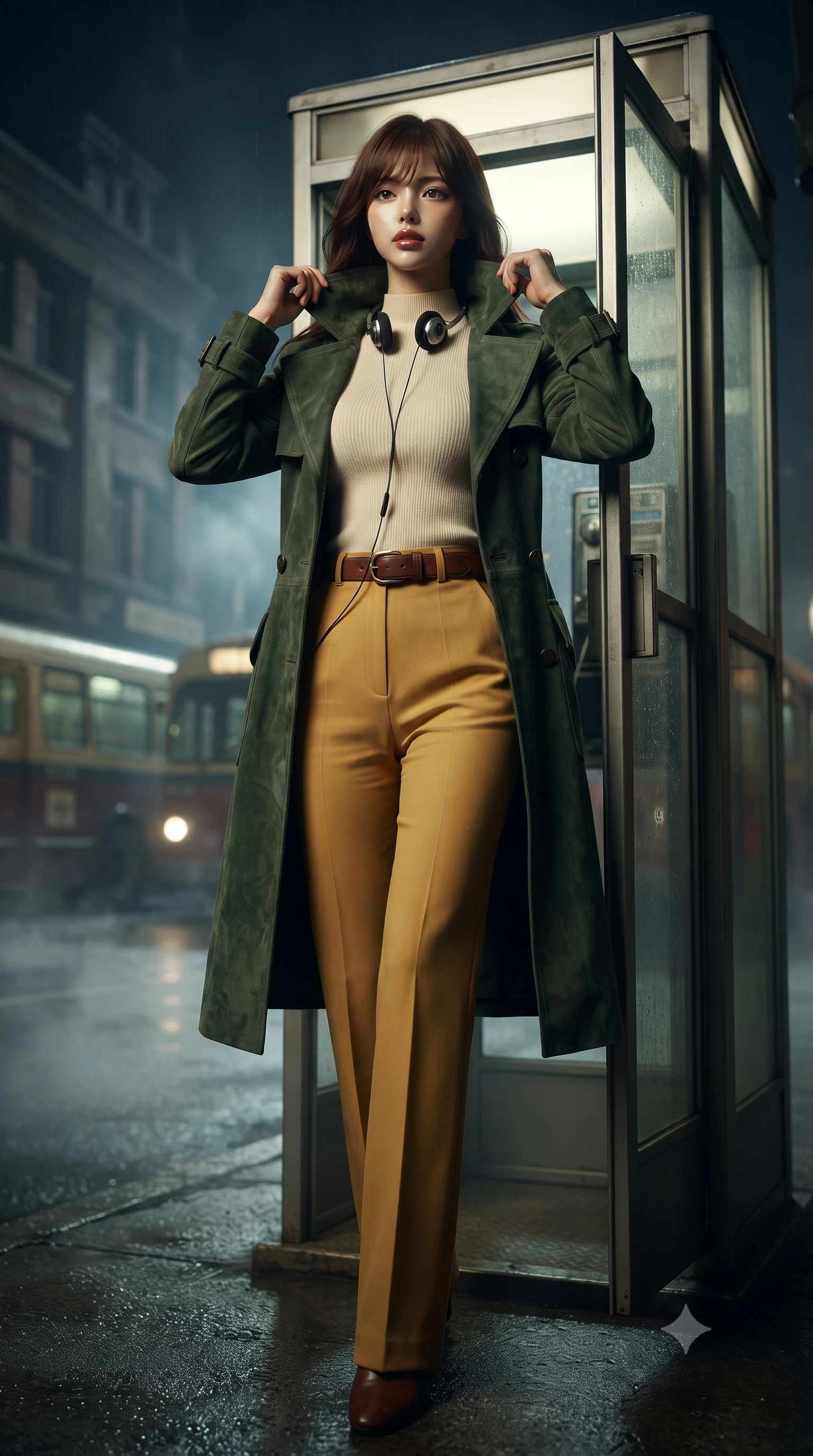score_9, masterpiece, best quality, ultra-detailed, high-budget anime keyframe, editorial fashion photography, tasteful artistic composition, Korean woman. low angle full-body shot from head to toe showing her feet, filling the entire 9:16 vertical frame with her statuesque presence, stretching her vertical silhouette. standing poised with one hip cocked in an alluring high-fashion pose, her tall 8.5-heads proportions dominating the scene while stepping out of the retro phone booth into the misty night street, pulling her trench coat collar up with effortless cool. The composition keeps background elements in soft focus with creamy bokeh. retro street corner architecture and passing vintage buses softened in moody 35mm film depth. She has an absolutely perfect, statuesque 8.5-heads proportion, an exceptionally tall and slender model-like female figure with impossibly long slender legs, a toned flat midriff, and an ultra-slim waist. sharp v-shaped jawline, high-bridge nose, intricate jewel-like eyes with depth, thick eyelashes, glossy lips with a natural sheen, captivating and magnetic expression, flawlessly proportioned anatomical accuracy, strict slender model proportions, natural body alignment, perfectly sculpted long slender limbs, ultra-slim waistline, clean dynamic posture without body distortion. wearing a stylish retro suede trench coat over a fitted mock-neck knit top and high-waist tailored slacks in forest green, cream, and mustard yellow, crafted from distressed supple genuine leather and soft ribbed cotton knit, accessorized with a classic leather belt with brass buckle and retro on-ear foam headphones, the sleek tailored cut tightly hugging her graceful clavicle, narrow waist, and feminine curves with statuesque precision. surrounded by an emotional, poetic, and heartwarming vintage movie heroine aura. ultra-reflective glossy finish, specular highlights, rich textural contrasts, high-contrast stereoscopic depth, volumetric dynamic lighting, 2k, ultra detail, master piece, 9:16 ratio