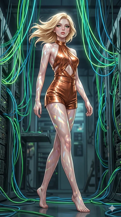 score_9, masterpiece, best quality, ultra-detailed, high-budget anime keyframe, editorial fashion photography, tasteful artistic composition, Caucasian woman, strictly human ears. low angle full-body shot from head to toe showing her feet, filling th