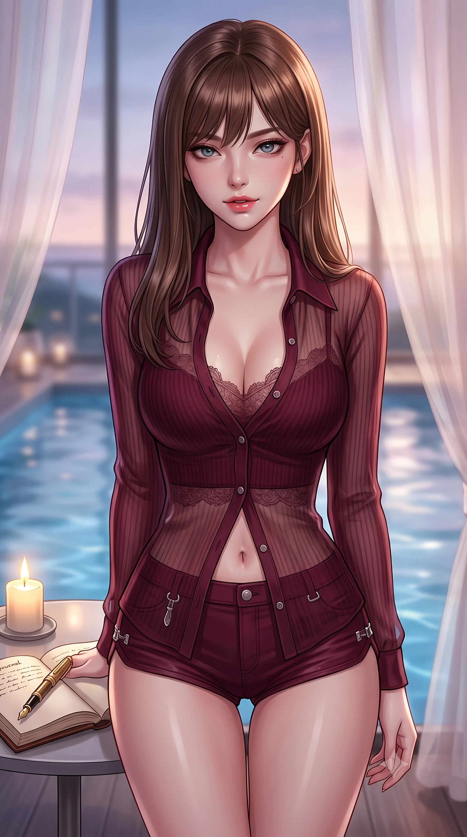 score_9, masterpiece, best quality, ultra-detailed, high-budget anime keyframe, editorial fashion photography, tasteful artistic composition, Korean woman. close-up cowboy shot from the waist and thighs up, the character dominates the composition, filling the frame with her large presence, background elements kept in soft focus. gazing directly into the camera with a smoldering, magnetic half-smile, her glossy lips parted alluringly set against a soft-focus background of inside an exclusive infinity pool deck with an open leather journal and a gold fountain pen sitting next to a candle. She has an exceptionally elegant, slender, and willowy female figure with an ultra-slim waist, a gracefully sculpted slender torso, and a refined silhouette. sharp v-shaped jawline, high-bridge nose, intricate jewel-like eyes with depth, thick eyelashes, glossy lips with a natural sheen. wearing slim-fit deep burgundy ribbed cashmere sheer organza button-up shirt worn over a lace-accented crop top and high-cut mini shorts accented with delicate silver hardware. softened by diffused twilight glow filtering through sheer chiffon window curtains. highly saturated vibrant anime colors, detailed shading with soft gradients, rich glossy textures, high-contrast stereoscopic depth, volumetric dynamic lighting, master piece, 9:16 ratio