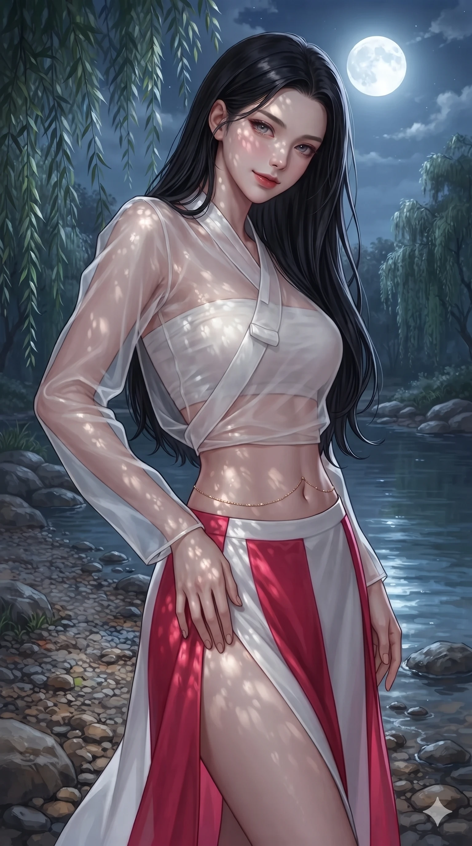 score_9, masterpiece, best quality, ultra-detailed, high-budget anime keyframe, editorial fashion photography, tasteful artistic composition, Korean woman. close-up cowboy shot from the waist and thighs up, the character dominates the composition, filling the frame with her large presence. tilting her head with a teasing half-smile, running one hand slowly down the side of her hip in a flirtatious S-curve as ambient light caresses her silhouette while twisting her slender torso in an alluring S-curve beside the pebble shoreline, moonbeams reflecting off her flat midriff and hips. The surrounding environment is rendered in vivid detail and crisp panoramic clarity: detailed sheer gossamer hanbok blouse tailoring, silk bandeau cling, and natural riparian landscape in razor-sharp clarity. She has an exceptionally elegant, slender, and willowy female figure with an ultra-slim waist, flat toned midriff, narrow ribcage, and sculpted feminine hips creating an alluring, slim hourglass silhouette without bulk. sharp v-shaped jawline, high-bridge nose, sparkling eyes with hypnotic seductive depth, thick curled eyelashes, glossy parted lips with a natural dewy peach sheen, alluring bedroom-eyes with an enchanting coquettish smile, exuding magnetic siren charisma and sophisticated glamour, flawlessly proportioned anatomical accuracy, strict slender model proportions, natural body alignment, perfectly sculpted long slender limbs, ultra-slim waistline, clean dynamic posture without body distortion. wearing a form-contouring gossamer silk chiffon slip dress with hip-high slit and open cowl back clinging with evening mist in pure snow white and vivid cherry blossom crimson, made of delicate semi-sheer nobang silk organza that drapes softly against skin with airy translucence, finished with a dainty gold belly chain resting across her flat midriff and curving hips, the precision-cut side openings and low-back scoop framing her graceful spine and the sensual sweep of her slim, toned hips. bathed in ethereal silver moonlight filtering through weeping willow leaves creating intricate dappled shadow patterns. ultra-reflective glossy finish, specular highlights, rich textural contrasts, high-contrast stereoscopic depth, volumetric dynamic lighting, 2k, ultra detail, master piece, 9:16 ratio
