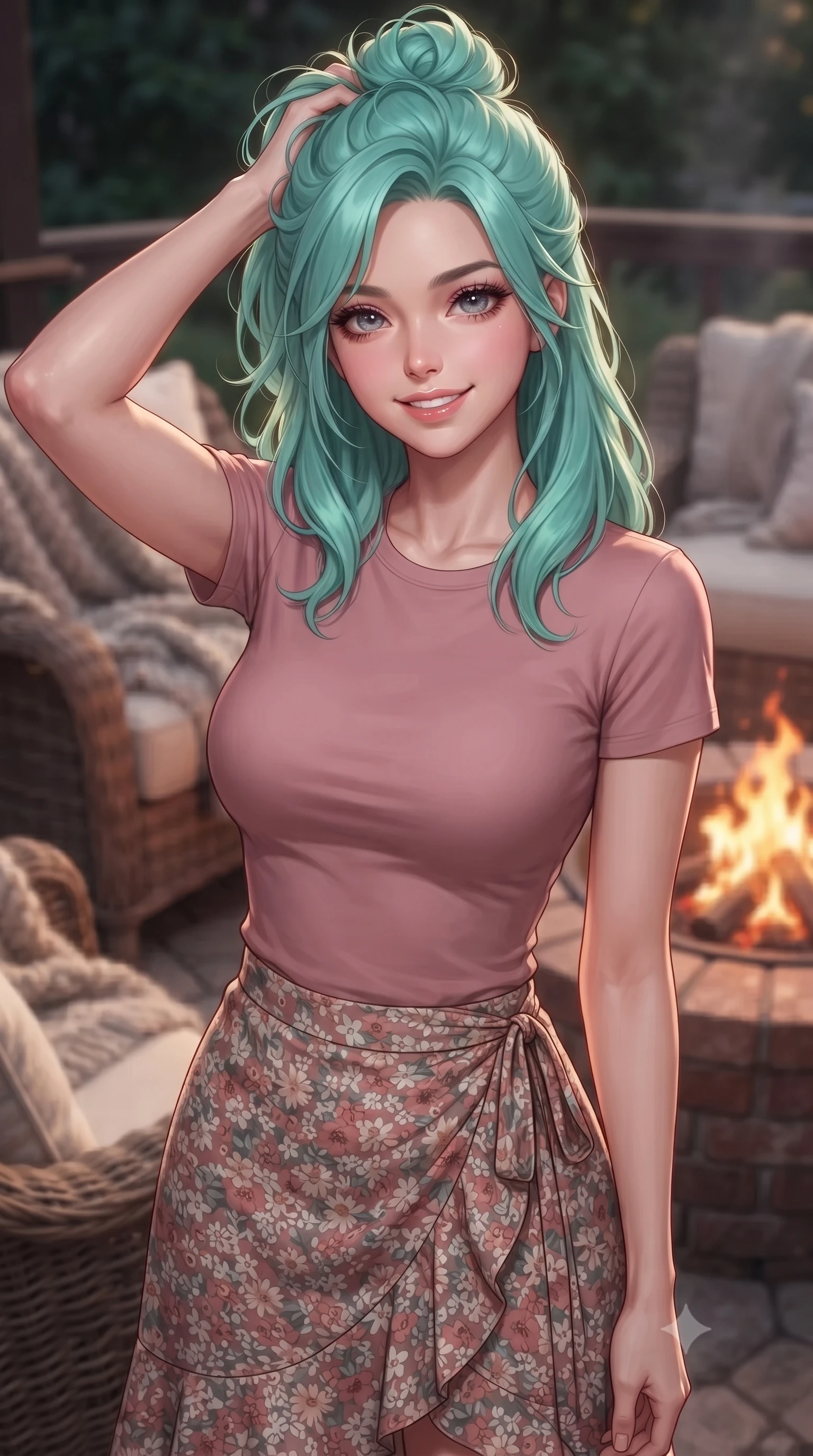 score_9, masterpiece, best quality, ultra-detailed, high-budget anime keyframe, editorial fashion photography, tasteful artistic composition, Japanese woman. close-up cowboy shot from the waist and thighs up, the character dominates the composition, filling the frame with her large presence, background elements kept in soft focus. smiling with quiet, magnetic self-assurance directly into the camera, running a hand through her hair the background shows a soft-focus a cozy outdoor lounge area with rattan chairs, wool blankets, and a brick fire pit. She has an exceptionally elegant, slender, and willowy female figure with an ultra-slim waist, a gracefully sculpted slender torso, and a refined silhouette. sharp v-shaped jawline, high-bridge nose, intricate jewel-like eyes with depth, thick eyelashes, glossy lips with a natural sheen. wearing a body-hugging simple crewneck t-shirt in dusty pink paired with a floral print wrap skirt. the warm orange flicker of the campfire casting cozy, intimate shadows. ultra-reflective glossy finish, specular highlights, metallic sheen, high-contrast stereoscopic depth, volumetric dynamic lighting, 2k, ultra detail, master piece, 9:16 ratio