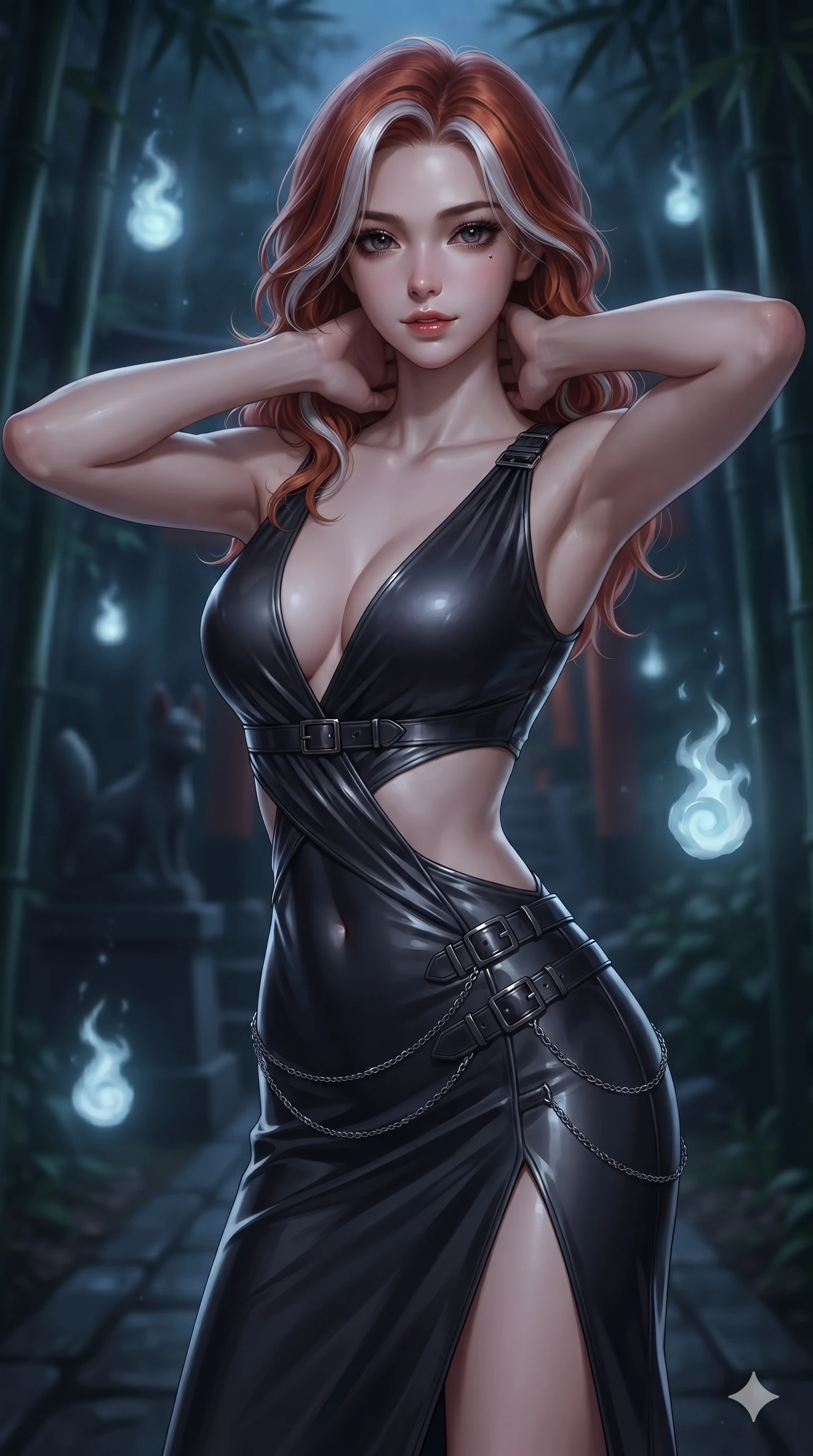 score_9, masterpiece, best quality, ultra-detailed, high-budget anime keyframe, editorial fashion photography, tasteful artistic composition, Caucasian woman. close-up cowboy shot from the waist and thighs up, the character dominates the composition, filling the frame with her large presence. resting both hands lightly behind her neck with elbows raised, arching her spine to highlight her narrow waist and flat midriff while resting near a dark stone fox statue illuminated by floating spirit lanterns, shadowy bamboo stalks framing the dark path in soft focus. The background shows a soft-focus mystical Japanese forest shrine softened in spiritual nocturnal shallow focus. She has an exceptionally elegant, slender, and willowy female figure with an ultra-slim waist, flat toned midriff, narrow ribcage, and sculpted feminine hips creating an alluring, slim hourglass silhouette without bulk. sharp v-shaped jawline, high-bridge nose, intricate jewel-like dark sparkling eyes with hypnotic seductive depth, thick curled eyelashes, glossy parted lips with a natural wine sheen, alluring bedroom-eyes with an enigmatic smoldering smile, exuding magnetic sovereign charisma and dark avant-garde glamour, flawlessly proportioned anatomical accuracy, strict slender model proportions, natural body alignment, perfectly sculpted long slender limbs, ultra-slim waistline, clean dynamic posture without body distortion. wearing a slinky deep-V liquid dark jersey cocktail dress with waist cutout accentuating her curves in liquid mercury chrome and smoky quartz, woven from bespoke high-density barathea wool with refined ceremonial hold, framed by dark titanium buckles and silver chain details, the glove-like silhouette tightly following the natural contour of her hips and long slender legs with youthful 8.5-heads elegance. surrounded by a mysterious dark spiritual aura with sharp edge lighting and pale blue floating spirit fires. ultra-reflective glossy finish, specular highlights, metallic sheen, high-contrast stereoscopic depth, volumetric dynamic lighting, 2k, ultra detail, master piece, 9:16 ratio