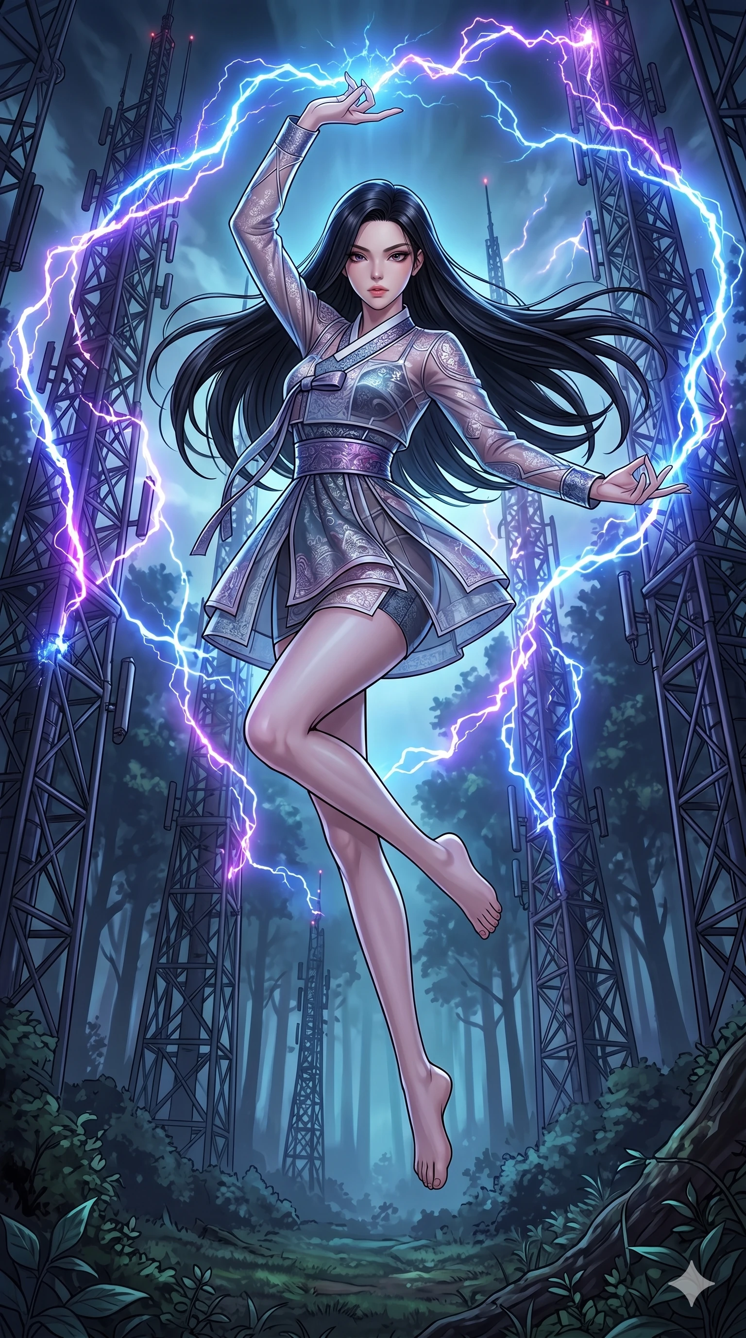 score_9, masterpiece, best quality, ultra-detailed, high-budget anime movie keyframe, cinematic anime lighting, intricate line art, Korean anime girl. Mid-air action shot capturing a graceful twist and vertical silhouette. interfacing with a forest of antenna that pulse with electricity. She has an absolutely perfect 8-heads proportion, an exceptionally tall and slender female figure with an ultra-slim waist and impossibly long slender legs. strictly human anatomy, two legs only, no extra limbs, clearly defined legs and arms, perfect anatomy, perfect hands and fingers. sharp v-shaped jawline, high-bridge nose, intricate jewel-like eyes, thick eyelashes, glossy lips. Wearing Modern Traditional: Shortened cyber-hanbok with fusion silk robes and transparent panels. The scene is illuminated by dramatic atmospheric lighting and vibrant color palettes. , 2k, ultra detail, master piece, 9:16 ratio