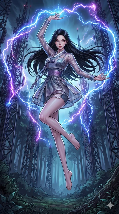 score_9, masterpiece, best quality, ultra-detailed, high-budget anime movie keyframe, cinematic anime lighting, intricate line art, Korean anime girl. Mid-air action shot capturing a graceful twist and vertical silhouette. interfacing with a forest o