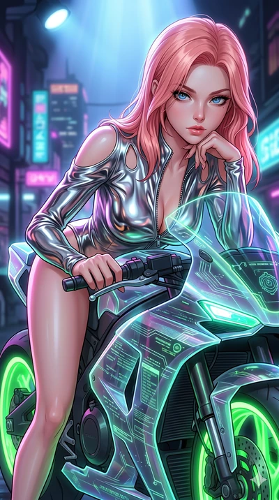 score_9, masterpiece, best quality, ultra-detailed, high-budget anime keyframe, Japanese woman. Upper body close-up from the thighs up, character filling the screen for maximum presence. She is leaning over a sleek, glowing holographic cyberpunk moto