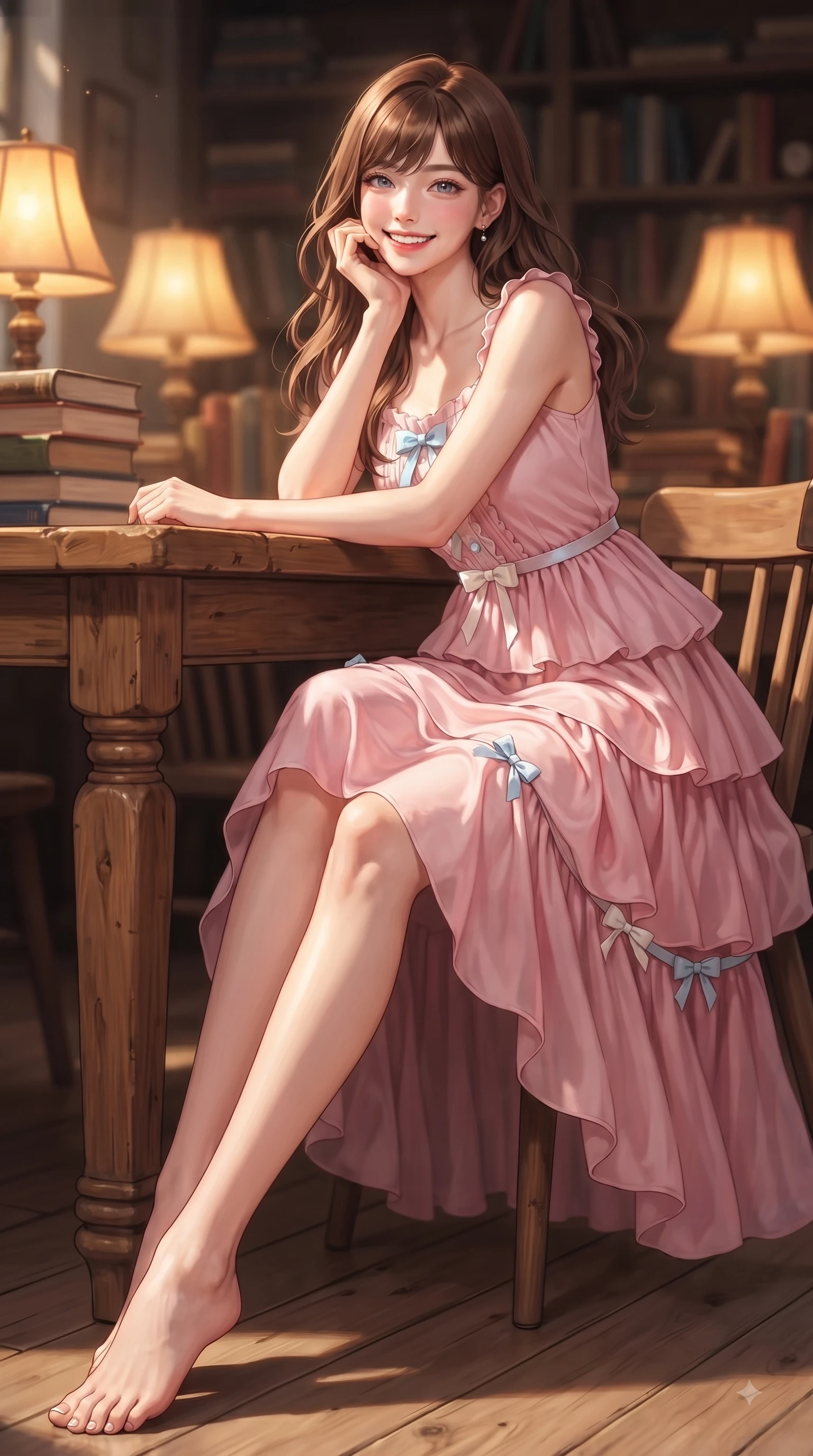 score_9, masterpiece, best quality, ultra-detailed, high-budget anime keyframe, editorial fashion photography, tasteful artistic composition, Korean woman. low angle full-body shot from head to toe showing her feet, filling the entire 9:16 vertical frame with her statuesque presence, stretching her vertical silhouette. performing a cheerful mid-motion turn with flawless poise, her radiant smile capturing fresh girlhood energy while resting her chin on her hand at a rustic wooden table as golden afternoon sunbeams stream across. The composition keeps background elements in soft focus with dreamy bokeh. warm oak book stacks and glowing amber lamps blurred into cozy, creamy background bokeh. She has an absolutely perfect, statuesque 8.5-heads proportion, an exceptionally tall and slender model-like female figure with impossibly long slender legs and an ultra-slim waist. sharp v-shaped jawline, high-bridge nose, intricate jewel-like eyes with depth, thick eyelashes, glossy lips with a natural sheen, flawlessly proportioned anatomical accuracy, natural body alignment, perfectly sculpted elegant limbs, clean dynamic posture without body distortion. wearing a romantic pink tiered chiffon maxi dress decorated with delicate bow ribbons in baby blue and cloud white, crafted from smooth fluid silk satin, accented with a dainty waist ribbon bow, the soft airy drape swaying gracefully with her dynamic movements. surrounded by a cozy, serene, and healing book cafe atmosphere. ultra-reflective glossy finish, specular highlights, metallic sheen, high-contrast stereoscopic depth, volumetric dynamic lighting, 2k, ultra detail, master piece, 9:16 ratio