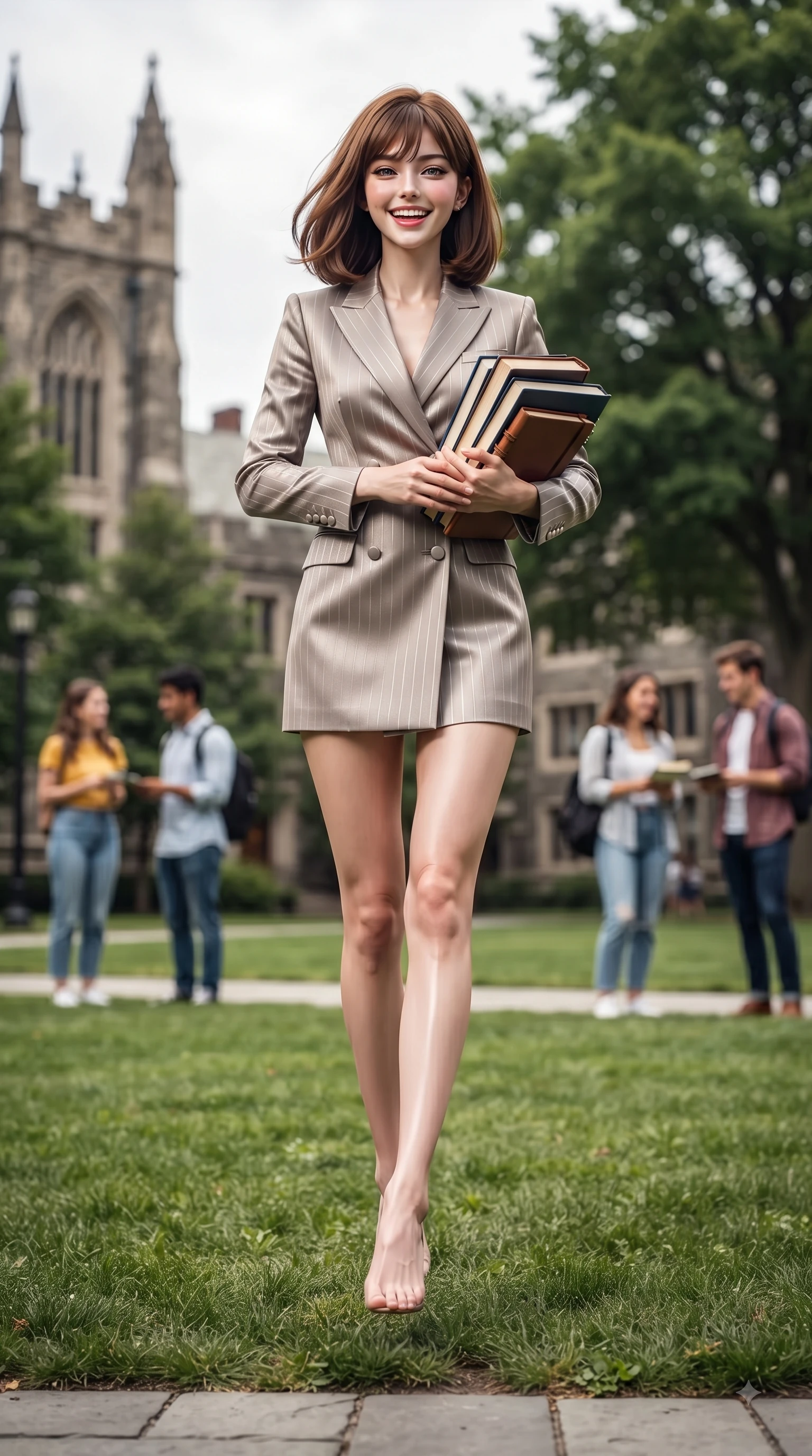 score_9, masterpiece, best quality, ultra-detailed, high-budget anime keyframe, editorial fashion photography, tasteful artistic composition, Korean woman. low angle full-body shot from head to toe showing her feet, filling the entire 9:16 vertical frame with her statuesque presence, stretching her vertical silhouette. performing a cheerful mid-air rotation with flawless poise, her radiant smile capturing fresh college girlhood energy while walking happily across a lush green university campus lawn carrying a stack of hardcover textbooks, stacks of classic textbooks and leather notebooks adding an intelligent college charm. She has an absolutely perfect, statuesque 8.5-heads proportion, an exceptionally tall and slender model-like female figure with impossibly long slender legs and an ultra-slim waist. sharp v-shaped jawline, high-bridge nose, intricate jewel-like eyes with depth, thick eyelashes, glossy lips with a natural sheen, flawlessly proportioned anatomical accuracy, natural body alignment, perfectly sculpted elegant limbs, clean dynamic posture without body distortion. wearing a double-breasted blazer dress with subtle metallic pin-stripes in muted taupe and soft ivory, crafted from lustrous satin jersey with fluid draping, accented with a Tasteful chest slit framing her clavicle gracefully, the glove-like fit emphasizing her statuesque silhouette during motion. surrounded by an uplifting, youthful university campus ambiance. ultra-reflective glossy finish, specular highlights, metallic sheen, high-contrast stereoscopic depth, volumetric dynamic lighting, 2k, ultra detail, master piece, 9:16 ratio