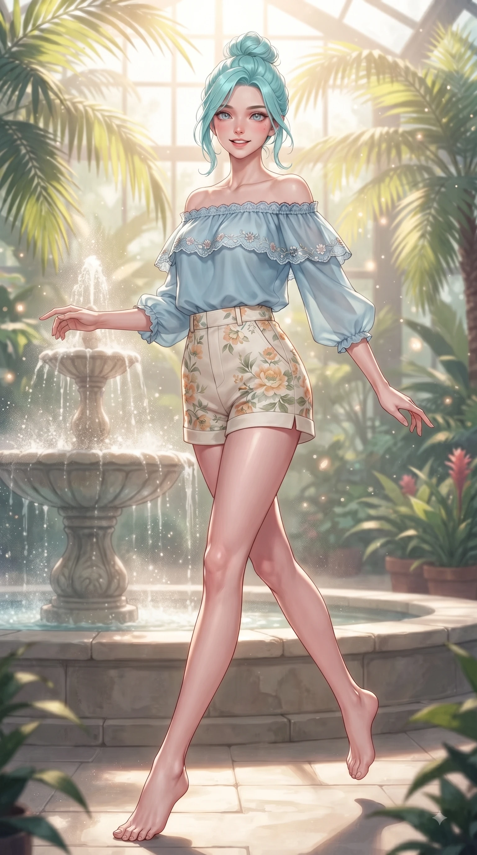 score_9, masterpiece, best quality, ultra-detailed, high-budget anime keyframe, editorial fashion photography, tasteful artistic composition, Japanese woman. low angle full-body shot from head to toe showing her feet, filling the entire 9:16 vertical frame with her statuesque presence, stretching her vertical silhouette. stepping forward gracefully in mid-motion with a delighted cute expression, displaying her statuesque model proportions while pivoting gracefully near a gentle stone fountain as mist particles catch brilliant morning sunbeams. The composition keeps background elements in soft focus with dreamy bokeh. sun-drenched tropical palm leaves scattering soft background light motes around her silhouette. She has an absolutely perfect, statuesque 8.5-heads proportion, an exceptionally tall and slender model-like female figure with impossibly long slender legs and an ultra-slim waist. sharp v-shaped jawline, high-bridge nose, intricate jewel-like eyes with depth, thick eyelashes, glossy lips with a natural sheen, flawlessly proportioned anatomical accuracy, natural body alignment, perfectly sculpted elegant limbs, clean dynamic posture without body distortion. wearing a light blue off-shoulder chiffon blouse paired with tailored ivory shorts in warm apricot and sage green, crafted from soft breathable linen, complemented by delicate embroidered floral trim along the hem, the chic real-way fashion cut emphasizing her effortless charm. surrounded by a peaceful, sun-drenched, and healing greenhouse atmosphere. ultra-reflective glossy finish, specular highlights, metallic sheen, high-contrast stereoscopic depth, volumetric dynamic lighting, 2k, ultra detail, master piece, 9:16 ratio