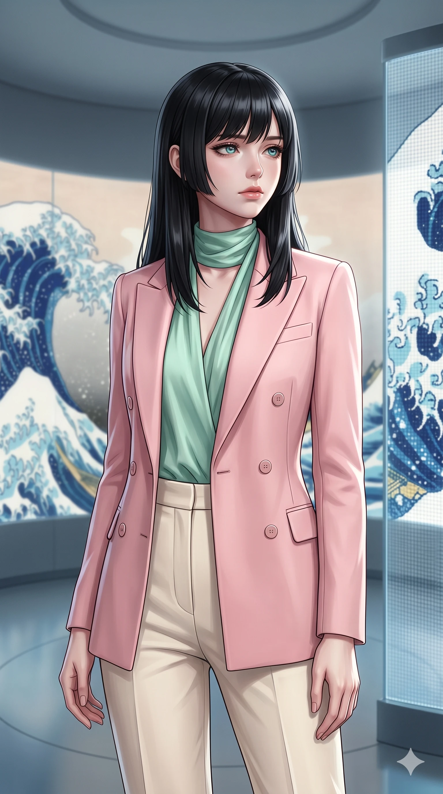score_9, masterpiece, best quality, ultra-detailed, high-budget anime keyframe, editorial fashion photography, tasteful artistic composition, Caucasian woman, strictly human ears. close-up cowboy shot from the waist and thighs up, the character dominates the composition, filling the frame with her large presence, background elements kept in soft focus. Gazing into the distance with a wistful melancholic expression and softly glowing eyes. set against a soft-focus background of inside a circular room where a massive rendition of Hokusai's Great Wave is rendered in luminous digital pixels that crash reform and cycle endlessly around the curved walls in perpetual motion. She has an exceptionally elegant and slender, willowy female figure with an ultra-slim waist, a gracefully sculpted slender torso, and a refined slim physique. sharp v-shaped jawline, high-bridge nose, intricate jewel-like eyes with depth, thick eyelashes, glossy lips with a natural sheen. wearing a double-breasted pastel pink blazer over a mint green silk scarf top, paired with high-waisted cream tailored trousers. soft glowing ambient light with sharp side key light tracing the sleek contours of her figure. 2k, ultra detail, master piece, 9:16 ratio