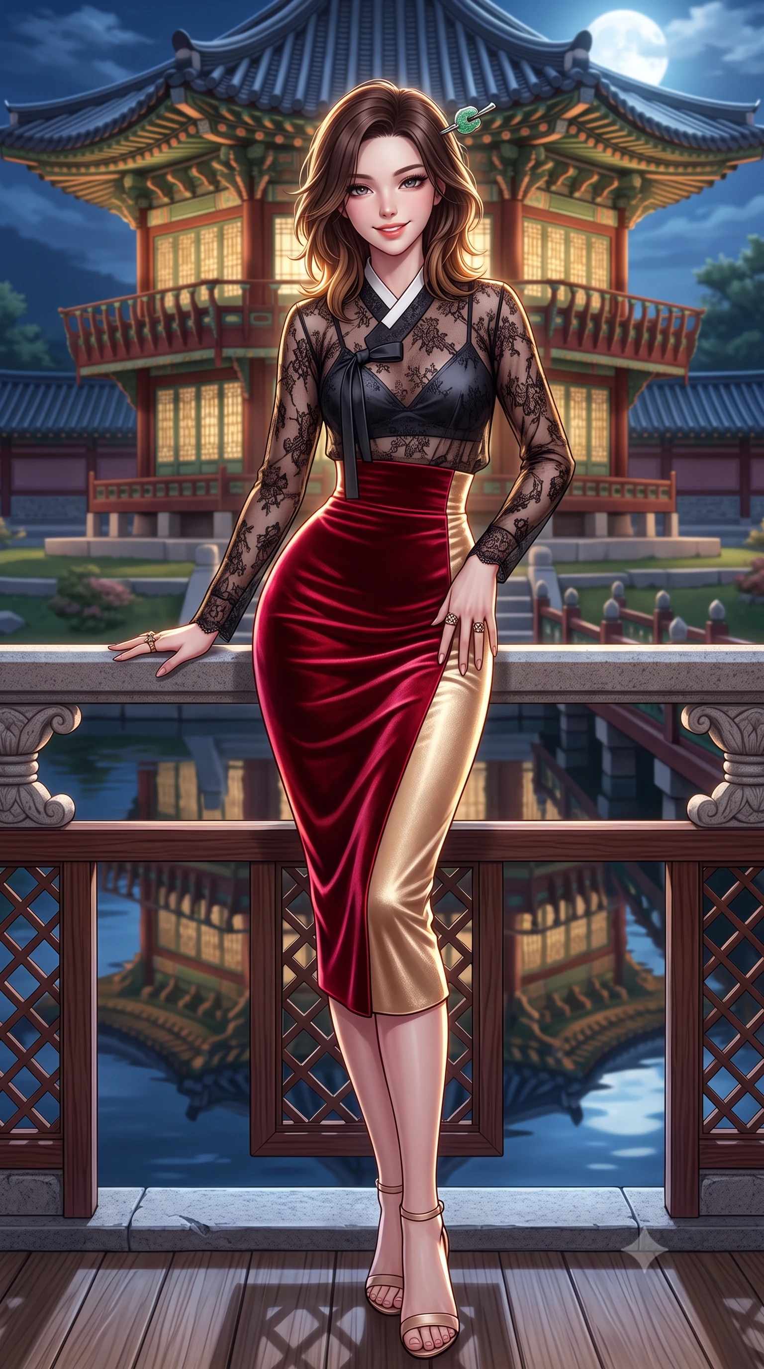 score_9, masterpiece, best quality, ultra-detailed, high-budget anime keyframe, semi-realistic 3D game render, editorial fashion photography, tasteful artistic composition, Korean woman. low angle full-body shot from head to toe showing her feet, filling the entire 9:16 vertical frame with her statuesque presence, stretching her vertical silhouette. standing in a tall, confident posture with one hand on the carved palace railing, stretching her statuesque body as she arches her lower back to emphasize her sculpted feminine hips and slender waist while twisting her slender torso in an alluring S-curve, royal palace waters reflecting the illuminated two-story pavilion and her curvaceous silhouette. The surrounding environment is rendered in vivid detail and crisp panoramic clarity: sharp wooden bridge plank grain, carved pavilion balustrade lattices, and calm pond reflection clarity in deep focus. She has an absolutely perfect, statuesque 8.5-heads proportion, an exceptionally tall and slender model-like female figure with impossibly long slender legs, an ultra-slim waist, a flat toned midriff, narrow delicate ribcage, and beautifully sculpted feminine hips creating a graceful, slim hourglass silhouette without any bulky heaviness. sharp v-shaped jawline, high-bridge nose, intricate jewel-like dark sparkling almond eyes with depth, thick lashes, glossy parted lips with a natural rose-plum sheen, bright alluring and coquettish smile with bedroom-eyes, exuding both timeless oriental elegance and sovereign high-fashion allure, flawlessly proportioned anatomical accuracy, strict slender model proportions, natural body alignment, perfectly sculpted long slender limbs, ultra-slim waistline, clean dynamic posture without body distortion. wearing a sheer black lace jeogori worn over an opaque dark silk bralette with an ultra-fitted high-waisted pencil skirt in royal crimson red and lustrous champagne gold, crafted from sumptuous crushed winter velvet with deep light-absorbing plushness, featuring a modern sculptural jade hair pin securing her loose silky updo, the glove-like silhouette tightly following the natural contour of her hips and long slender legs with youthful 8.5-heads elegance. illuminated by full moon celestial rays and sharp warm-gold rim lights defining her sculpted collarbones, ultra-slim waist, and curvy hips. highly saturated vibrant anime colors, detailed shading with soft gradients, rich glossy textures, high-contrast stereoscopic depth, volumetric dynamic lighting, master piece, 9:16 ratio