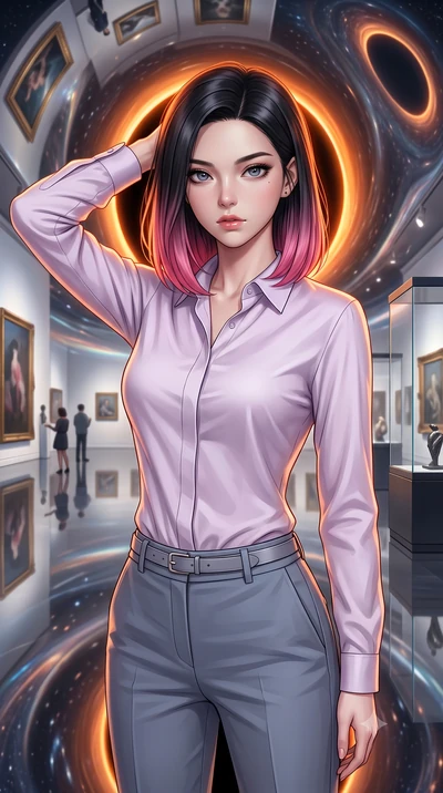 score_9, masterpiece, best quality, ultra-detailed, high-budget anime keyframe, editorial fashion photography, tasteful artistic composition, Korean woman. close-up cowboy shot from the waist and thighs up, the character dominates the composition, fi