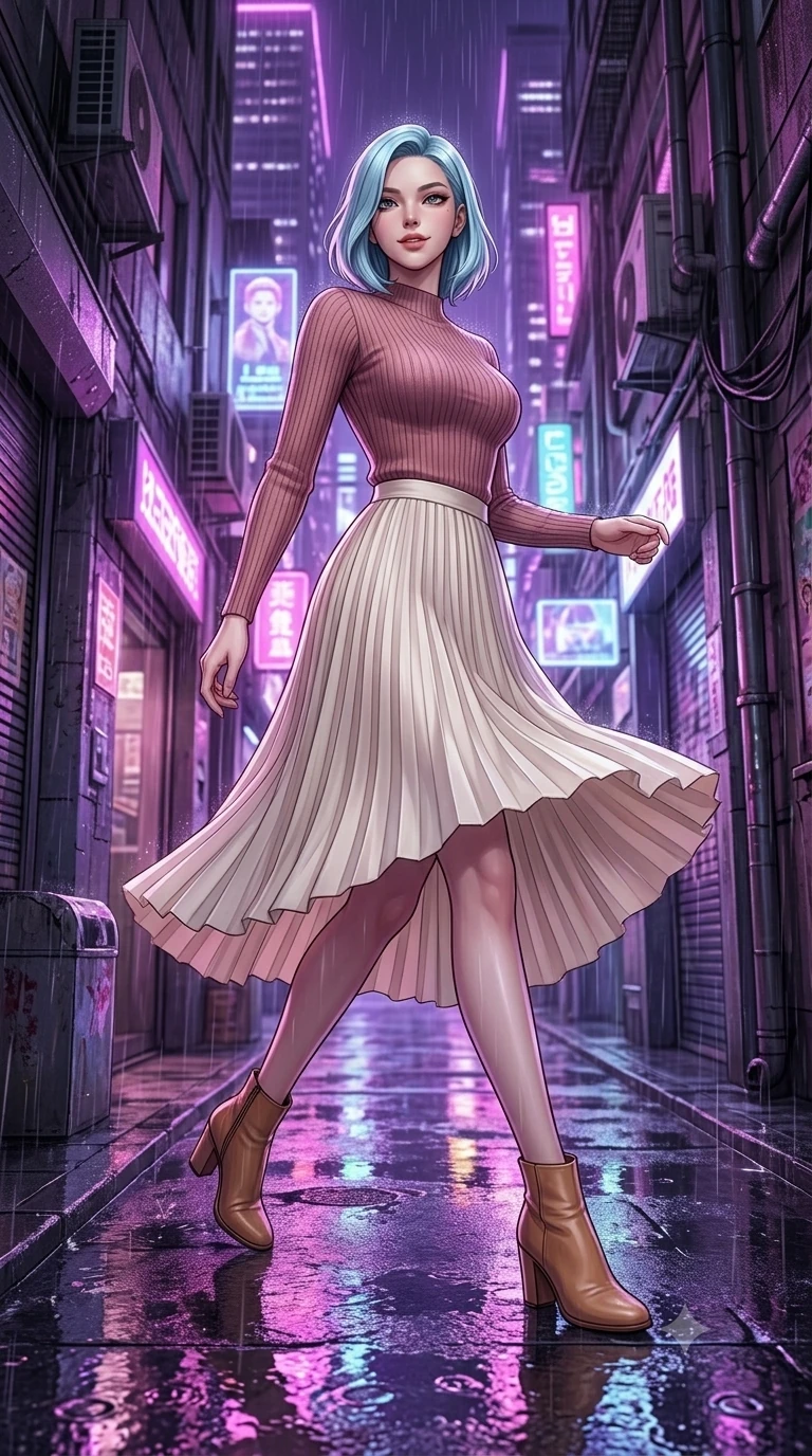 score_9, masterpiece, best quality, ultra-detailed, high-budget anime keyframe, editorial fashion photography, tasteful artistic composition, Korean woman. low angle full-body shot from head to toe showing her feet, filling the entire 9:16 vertical frame with her statuesque presence, stretching her vertical silhouette. navigating with fluid, playful motion through in a narrow alleyway at night during a rainstorm, with wet concrete reflecting the purple neon of nearby skyscrapers and floating holographic ads. She has a statuesque 8.5-heads proportion, an exceptionally tall, slender and willowy model-like build with impossibly long legs and a highly sculpted ultra-slim waist. sharp v-shaped jawline, high-bridge nose, intricate jewel-like eyes with depth, thick eyelashes, glossy lips with a natural sheen. wearing a tight-fit dusty rose ribbed knit sweater paired with a flowing ivory pleated midi skirt and tan ankle boots. saturated purple and pink neon light reflecting off the wet asphalt, creating sharp colorful specular highlights. 2k, ultra detail, master piece, 9:16 ratio