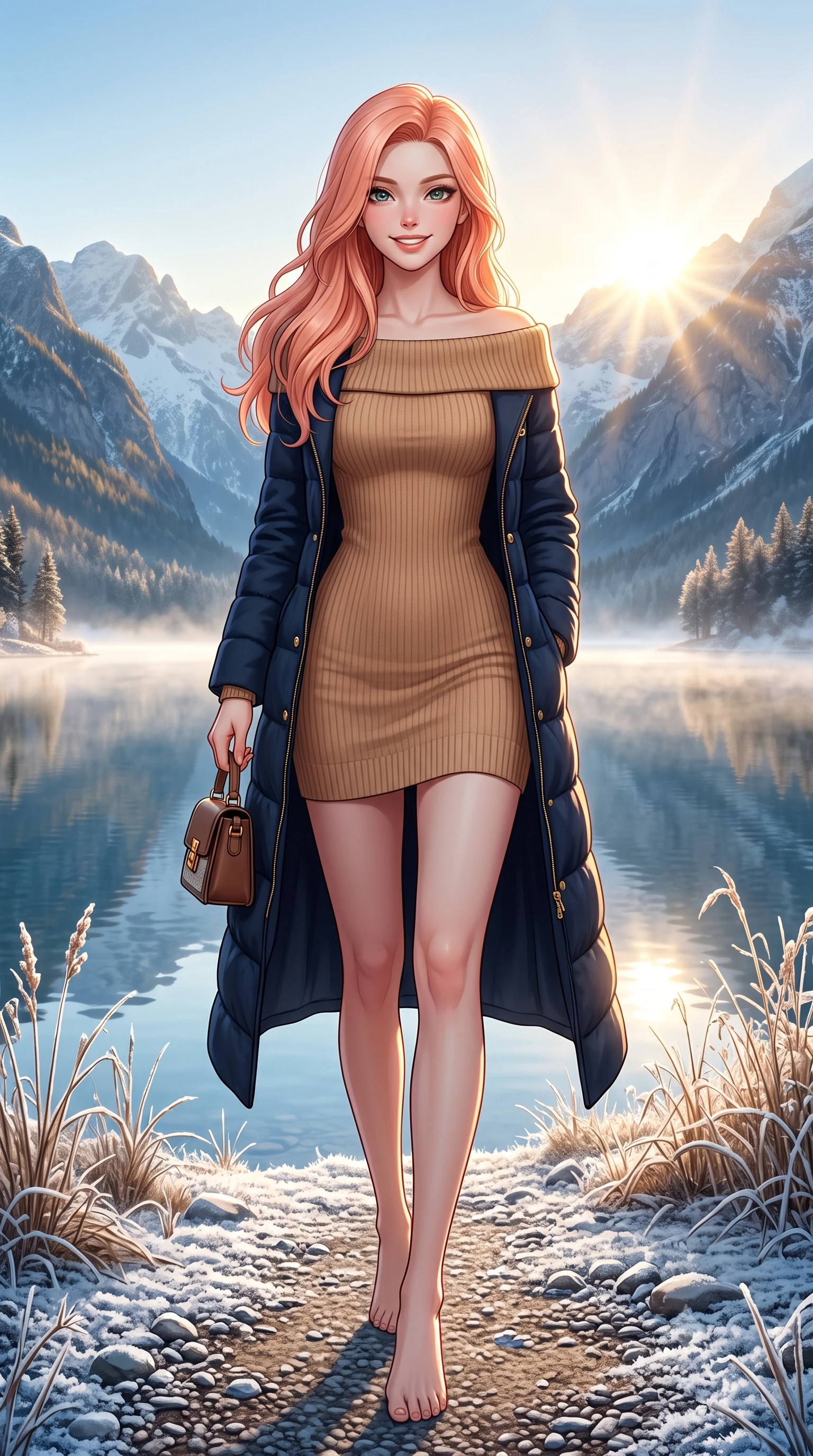 score_9, masterpiece, best quality, ultra-detailed, high-budget anime keyframe, semi-realistic 3D game render, editorial fashion photography, tasteful artistic composition, Japanese woman. low angle full-body shot from head to toe showing her feet, filling the entire 9:16 vertical frame with her statuesque presence, stretching her vertical silhouette. sitting gracefully on the plush bench with legs crossed and angled toward the camera, highlighting her long slender limbs and hourglass waist while stepping forward with brisk, graceful strides on the frosted path, her long wool coat creating an impeccably slender vertical line. The surrounding environment is rendered in vivid detail and crisp panoramic clarity: detailed quilted down-tailored coat quilting, high funnel neck collar, and alpine lakeside topography in high resolution. She has an exceptionally tall and slender model-like 8.5-heads proportion, an ultra-slim waist, a flat toned midriff, narrow delicate ribcage, and beautifully sculpted feminine hips creating a graceful, slim hourglass silhouette without any bulky heaviness, with impossibly long slender legs. sharp v-shaped jawline, high-bridge nose, intricate jewel-like sparkling eyes with depth, thick eyelashes, glossy parted lips with a natural peach sheen, bright cheerful beaming smile with an enchanting and coquettish sensual glint, exuding both youthful cute charm and seductive allure, flawlessly proportioned anatomical accuracy, strict slender model proportions, natural body alignment, perfectly sculpted long slender limbs, ultra-slim waistline, clean dynamic posture without body distortion. wearing a snug off-the-shoulder thick ribbed knit sweater dress in warm camel clinging to her hourglass contours in Ginza vintage brass gold and midnight navy, crafted from liquid-tight stretch cashmere knit clinging flawlessly to every curve with silky softness, finished with a structured leather micro-bag held lightly at her hip, the body-conscious tailored knit hugging her sculpted torso and curvaceous hips in a seamless, fluid line that highlights her statuesque model proportions. bathed in crisp, sparkling morning sun breaking over mountain crests, illuminating lake mist with ethereal golden backlighting. highly saturated vibrant anime colors, detailed shading with soft gradients, rich glossy textures, high-contrast stereoscopic depth, volumetric dynamic lighting, master piece, 9:16 ratio