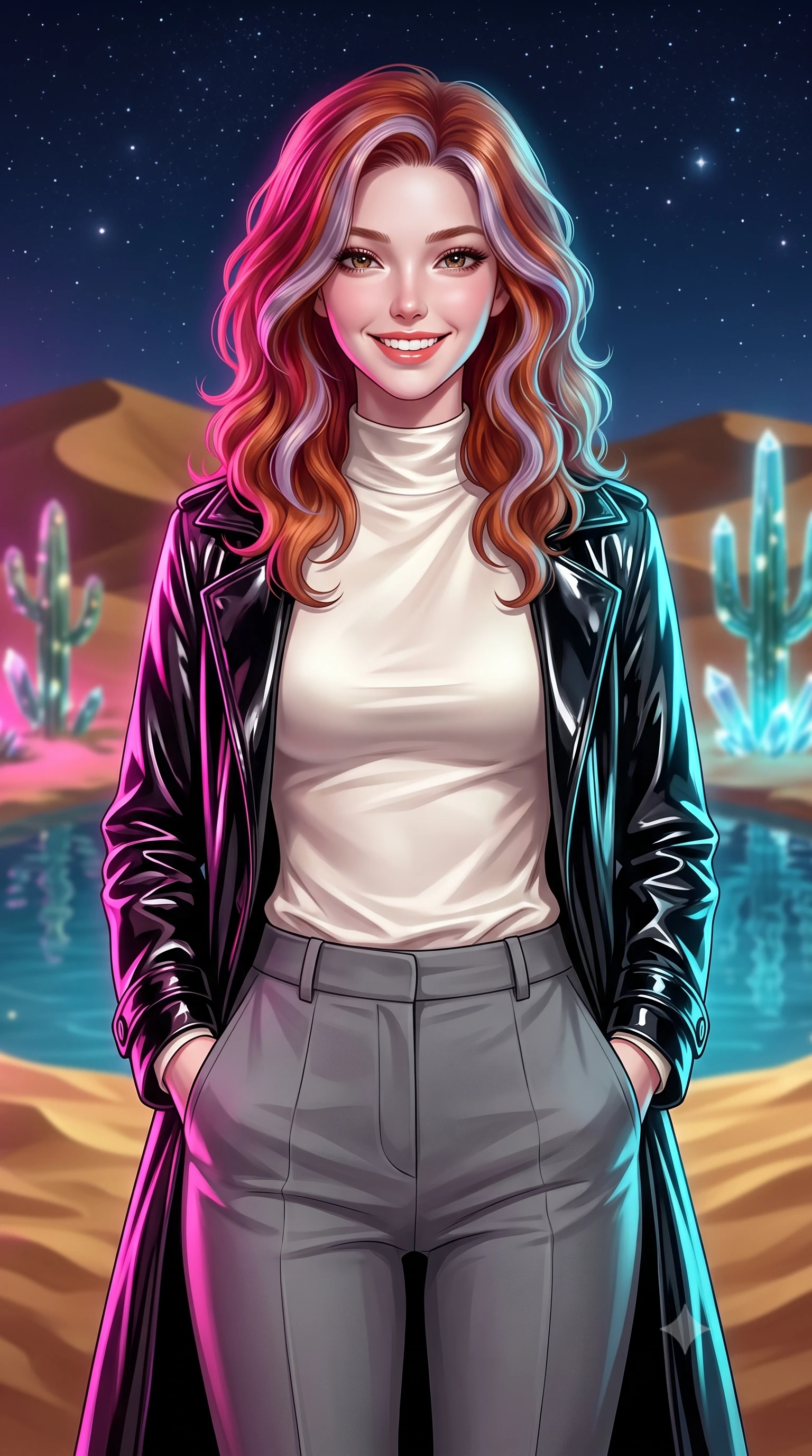 score_9, masterpiece, best quality, ultra-detailed, high-budget anime keyframe, editorial fashion photography, tasteful artistic composition, Caucasian woman, strictly human ears. close-up cowboy shot from the waist and thighs up, the character dominates the composition, filling the frame with her large presence, background elements kept in soft focus. Beaming with a wide, friendly smile that lights up her entire face. set against a soft-focus background of standing beside a pristine desert pool surrounded by shifting gold sand dunes and glowing crystal cacti under a clear starry night. She has an exceptionally elegant, slender, and willowy female figure with a highly-defined ultra-slim waist, a gracefully sculpted slender torso, and a refined slim-fit silhouette that contours her form. sharp v-shaped jawline, high-bridge nose, intricate jewel-like eyes with depth, thick eyelashes, glossy lips with a natural sheen. wearing a high-gloss black vinyl trench coat worn over an ivory silk mock-neck shirt, paired with tailored grey slacks. dual-tone lighting with hot magenta from the left and cool cyan from the right. 2k, ultra detail, master piece, 9:16 ratio