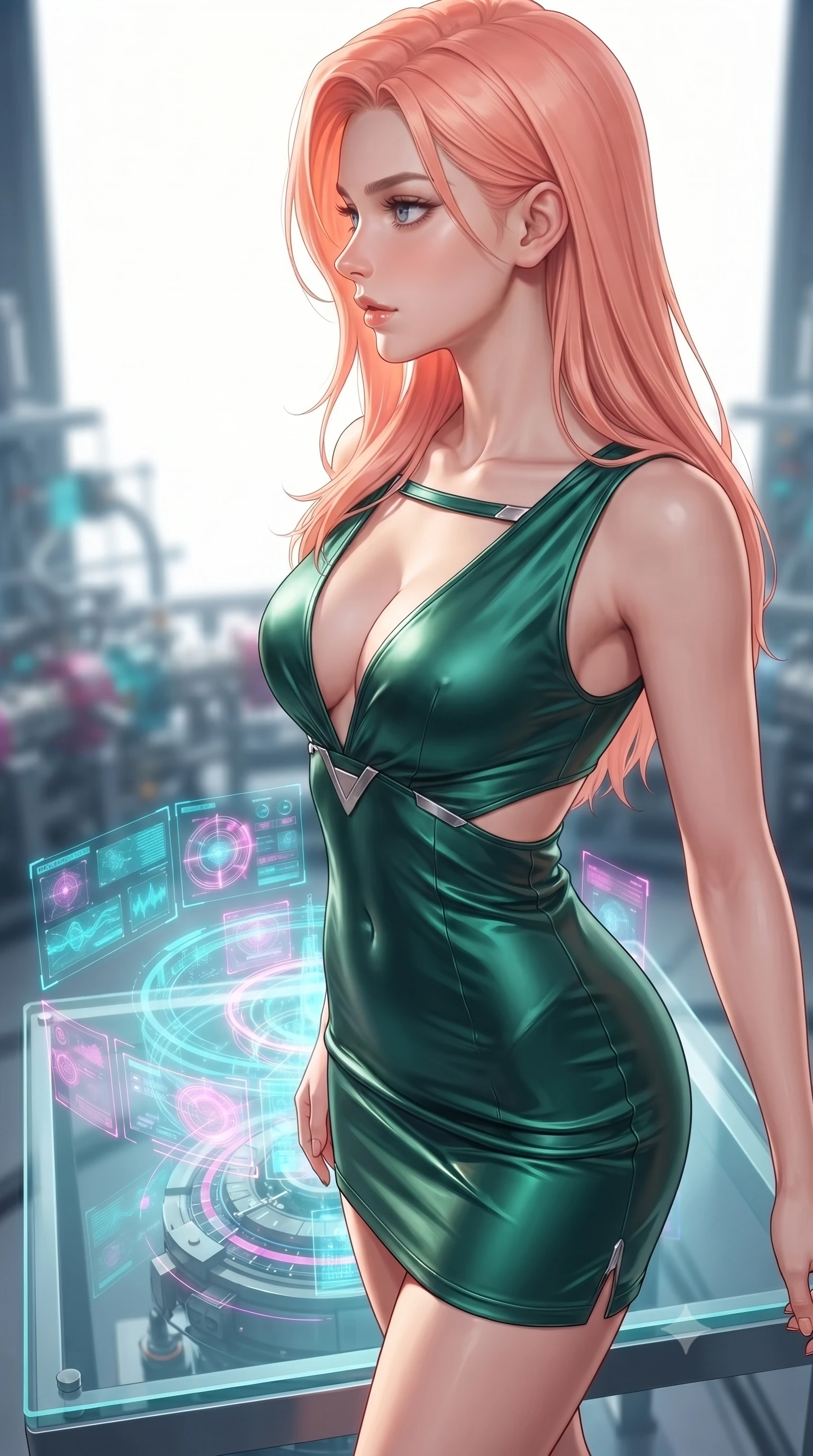 score_9, masterpiece, best quality, ultra-detailed, high-budget anime keyframe, editorial fashion photography, tasteful artistic composition, Japanese woman. close-up cowboy shot from the waist and thighs up, the character dominates the composition, filling the frame with her large presence, background elements kept in soft focus. Turning her face in sharp dramatic profile against the bright light, showcasing her sharp v-shaped jawline poised on a glass platform over a quantum particle accelerator core, translucent cyan and magenta holographic panels hovering seamlessly. She has an exceptionally elegant, slender, and willowy female figure with an ultra-slim waist, a gracefully sculpted slender torso, and a refined silhouette. sharp v-shaped jawline, high-bridge nose, intricate jewel-like eyes with depth, thick eyelashes, glossy lips with a natural sheen. wearing a liquid mercury gloss mini dress with ultra-deep V-neck and waist cutouts in deep emerald green and silver accent, crafted from lustrous satin jersey with fluid draping, accented with a Tasteful chest slit framing her clavicle gracefully, the glove-like fit emphasizing her statuesque silhouette. surrounded by a crisp high-tech illumination highlighting every sleek curve. highly saturated vibrant anime colors, detailed shading with soft gradients, rich glossy textures, high-contrast stereoscopic depth, volumetric dynamic lighting, master piece, 9:16 ratio