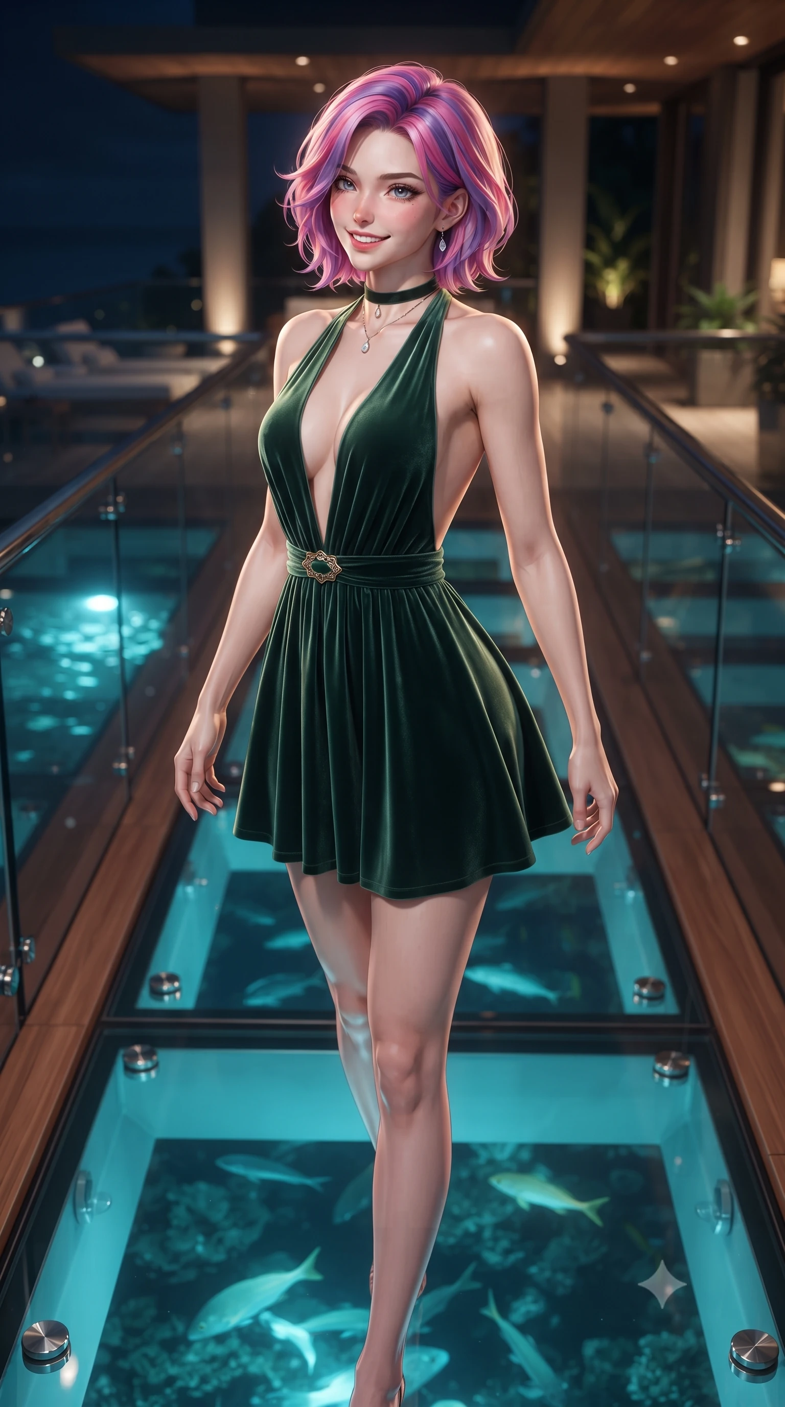 score_9, masterpiece, best quality, ultra-detailed, high-budget anime keyframe, editorial fashion photography, tasteful artistic composition, Caucasian woman. low angle full-body shot from head to toe showing her feet, filling the entire 9:16 vertical frame with her statuesque presence, stretching her vertical silhouette. walking along the terrace with poise, looking back over her bare shoulder with an irresistible smoldering bedroom-gaze while twisting her slender torso in an alluring contrapposto stance, shimmering sea water caustics tracing her narrow waist and curvy hips. The surrounding environment is rendered in vivid detail and crisp panoramic clarity: sharp tempered glass floor panels revealing sea fish below, polished stainless steel fasteners, and smooth teak borders in deep focus. She has an exceptionally tall and slender model-like 8.5-heads proportion, an ultra-slim waist, a flat toned midriff, narrow delicate ribcage, and beautifully sculpted feminine hips creating a graceful, slim hourglass silhouette without any bulky heaviness, with impossibly long slender legs. sharp v-shaped jawline, high-bridge nose, intricate jewel-like sparkling eyes with depth, thick eyelashes, glossy parted lips with a natural peach sheen, bright cheerful beaming smile with an enchanting and coquettish sensual glint, exuding both youthful cute charm and seductive allure, flawlessly proportioned anatomical accuracy, strict slender model proportions, natural body alignment, perfectly sculpted long slender limbs, ultra-slim waistline, clean dynamic posture without body distortion. wearing a backless Grecian silk chiffon mini dress with a deep plunging V-neckline and gold waist brooch in Hakone bamboo jade green and warm hinoki cedar, tailored from ultra-plush silk velvet with rich tactile depth and deep shadow gradients, finished with a thin velvet ribbon choker and a single teardrop diamond pendant, the second-skin tailored fabric adhering flawlessly to her sculpted flat midriff and slender torso, emphasizing her long leg lines and perfectly proportioned willowy build. bathed in underwater pier LED illumination and warm landscape spotlights mixed with city ambient glow. ultra-reflective glossy finish, specular highlights, rich textural contrasts, high-contrast stereoscopic depth, volumetric dynamic lighting, 2k, ultra detail, master piece, 9:16 ratio