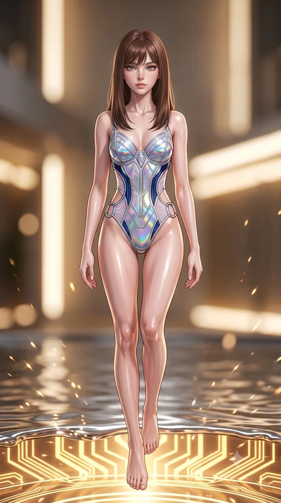 score_9, masterpiece, best quality, ultra-detailed, high-budget anime keyframe, editorial fashion photography, tasteful artistic composition, Korean woman. low angle full-body shot from head to toe showing her feet, filling the entire 9:16 vertical f