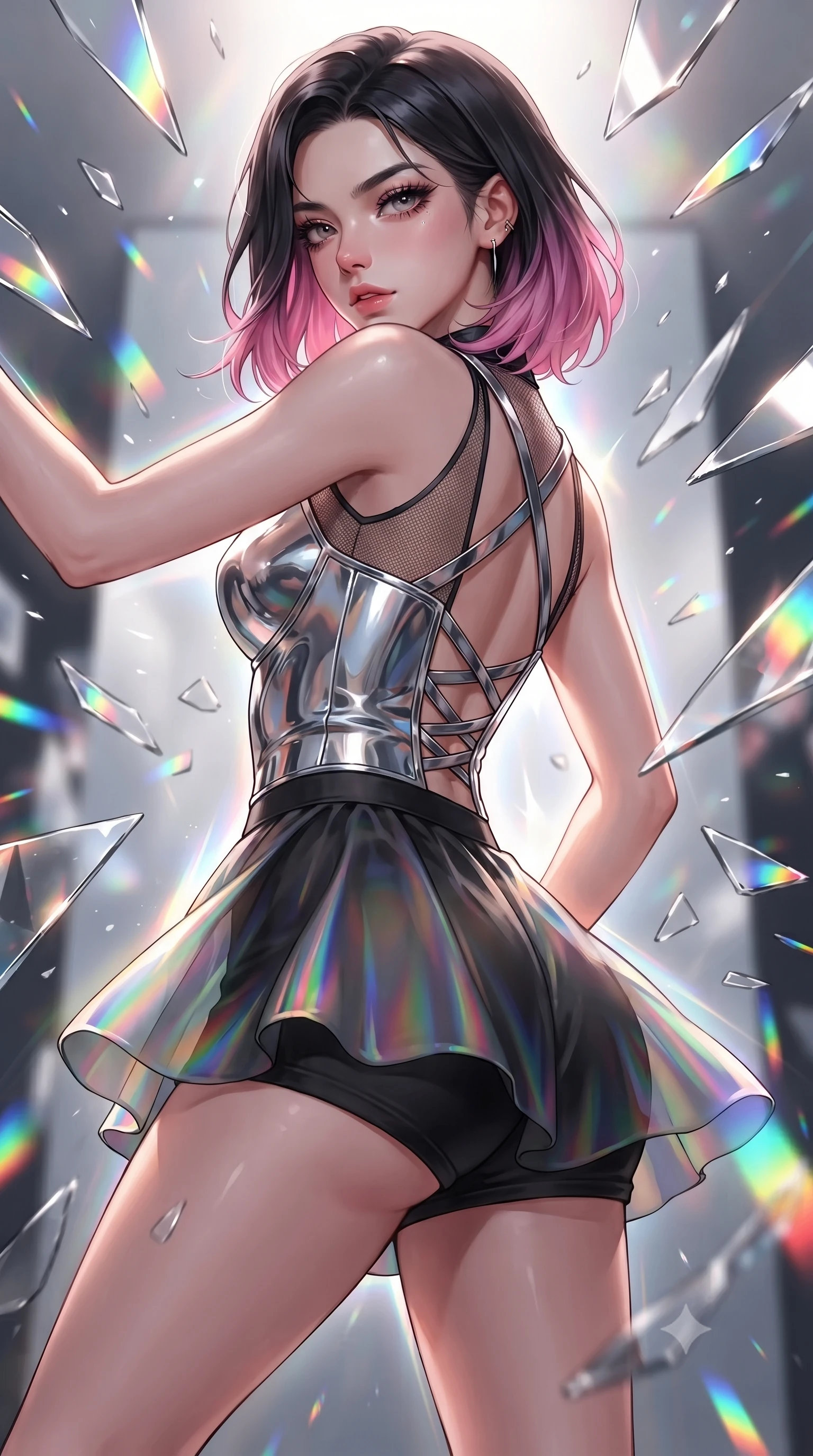 score_9, masterpiece, best quality, ultra-detailed, high-budget anime keyframe, editorial fashion photography, tasteful artistic composition, Korean woman. close-up cowboy shot from the waist and thighs up, the character dominates the composition, filling the frame with her large presence, background elements kept in soft focus. Pivoting sharply while looking back over her shoulder with heavy lashes and a confident, intense gaze while poised in a dynamic low-angle stance as shattered mirror shards freeze around her, shattered mirror shards scattering brilliant rainbow reflections everywhere. She has an exceptionally elegant, slender, and willowy female figure with an ultra-slim waist, a gracefully sculpted slender torso, and a refined silhouette. sharp v-shaped jawline, high-bridge nose, intricate jewel-like eyes with depth, thick eyelashes, glossy lips with a natural sheen, flawlessly proportioned anatomical accuracy, natural body alignment, perfectly sculpted elegant limbs, clean dynamic posture without body distortion. wearing a chrome-plated structured bodice worn over a sheer mesh top and micro-shorts in matte black and polished silver, crafted from iridescent chiffon that shifts colors in the light, complemented by criss-cross back straps highlighting her bare shoulders, the elegant draped fit framing her graceful clavicle and slender torso. surrounded by a radiant, high-energy reflection aura. ultra-reflective glossy finish, specular highlights, metallic sheen, high-contrast stereoscopic depth, volumetric dynamic lighting, 2k, ultra detail, master piece, 9:16 ratio