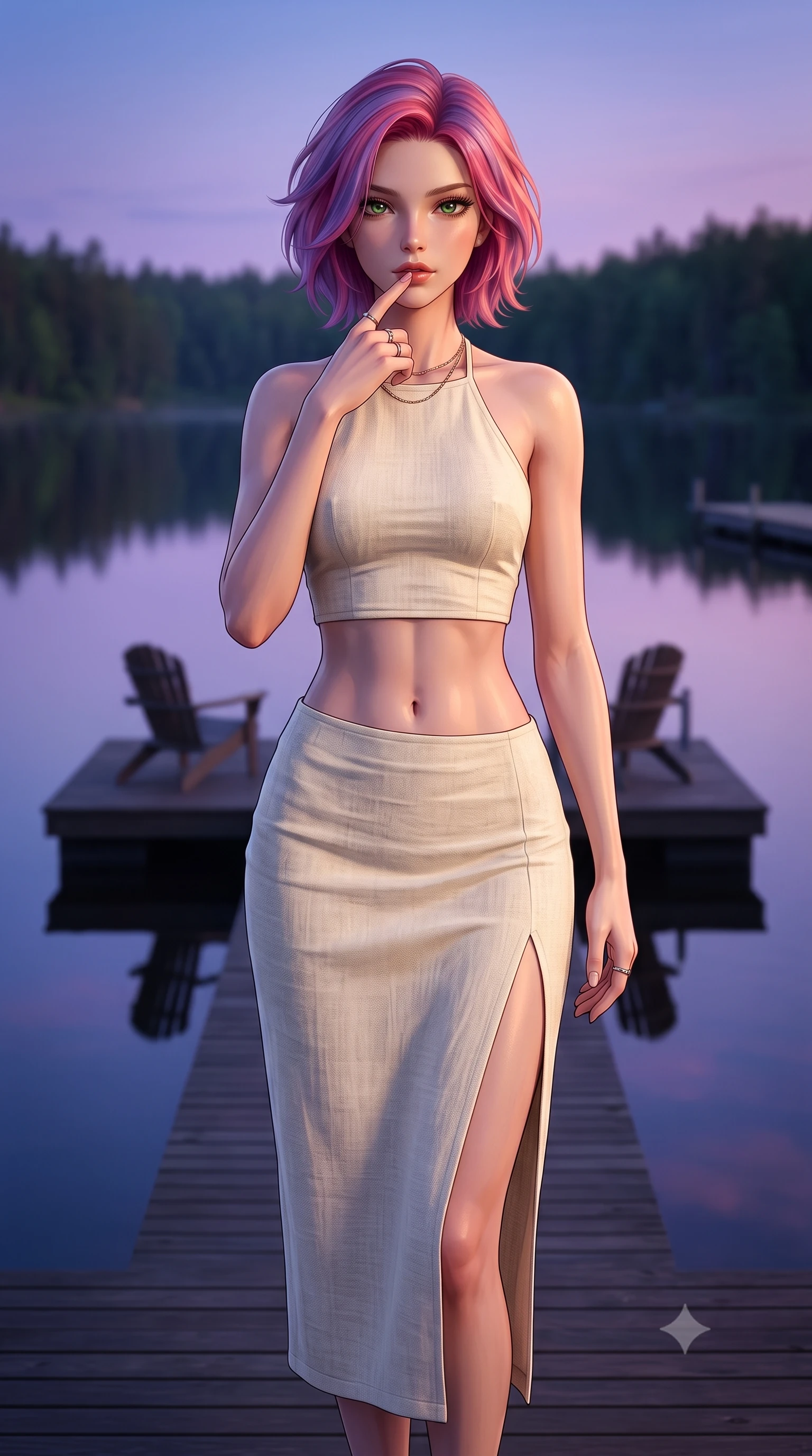 score_9, masterpiece, best quality, ultra-detailed, high-budget anime keyframe, editorial fashion photography, tasteful artistic composition, Caucasian woman woman. close-up cowboy shot from the waist and thighs up, the character dominates the composition, filling the frame with her large presence, background elements kept in soft focus. pressing one finger to her bottom lip in a thoughtful, seductive gesture under the warm sun the background shows a soft-focus a simple dark wood deck extending over a calm forest lake, with two chairs. She has an exceptionally elegant, slender, and willowy female figure with an ultra-slim waist, a gracefully sculpted slender torso, and a refined silhouette. sharp v-shaped jawline, high-bridge nose, intricate jewel-like eyes with depth, thick eyelashes, glossy lips with a natural sheen. wearing a form-contouring linen halter-neck crop top paired with a matching high-slit midi skirt, revealing a sculpted midriff. the serene purple and blue hues of twilight reflecting on the still water. 2k, ultra detail, master piece, 9:16 ratio