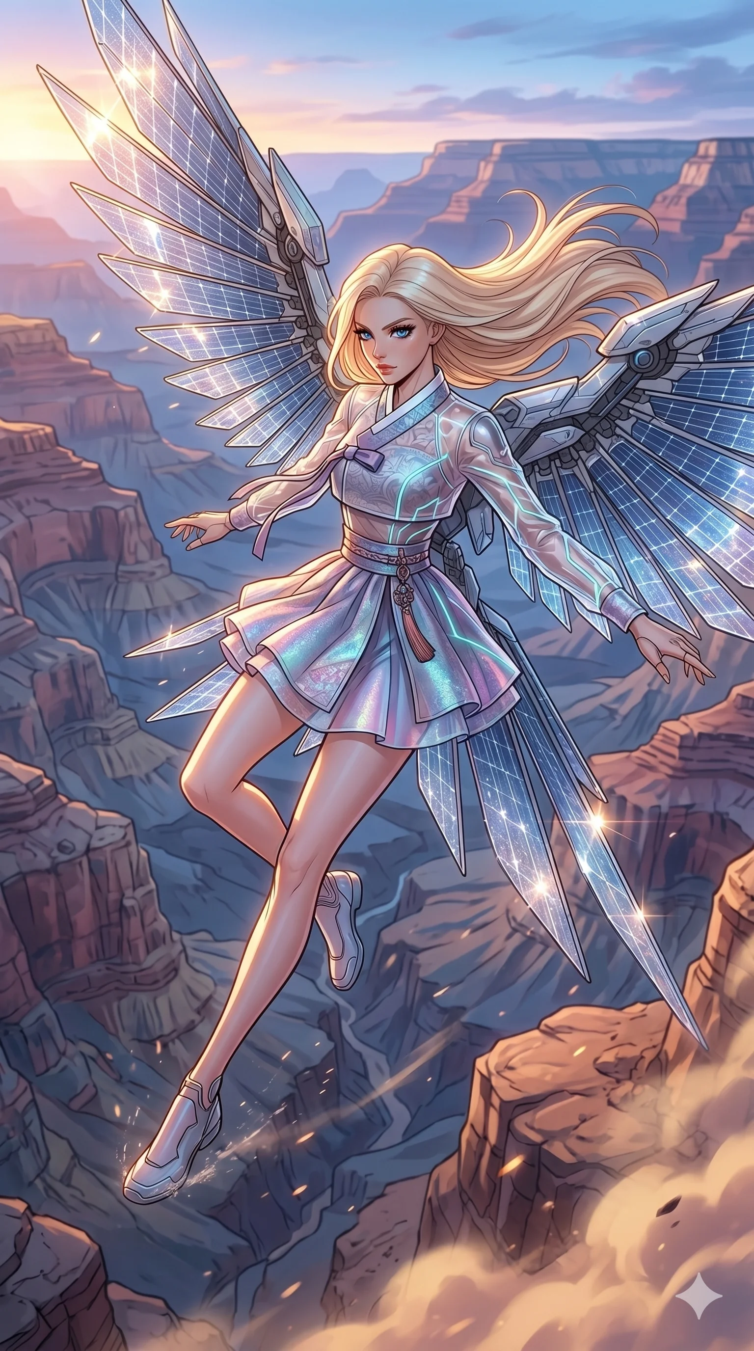 score_9, masterpiece, best quality, ultra-detailed, high-budget anime movie keyframe, cinematic anime lighting, intricate line art, Japanese woman. Mid-air action shot capturing a graceful twist and vertical silhouette. piloting a glider made of solar panels through a canyon. She has an absolutely perfect 8-heads proportion, an exceptionally tall and slender female figure with an ultra-slim waist and impossibly long slender legs. strictly human anatomy, two legs only, no extra limbs, clearly defined legs and arms, perfect anatomy, perfect hands and fingers. sharp v-shaped jawline, high-bridge nose, intricate jewel-like eyes, thick eyelashes, glossy lips. Wearing Modern Traditional: Shortened cyber-hanbok with fusion silk robes and transparent panels. The scene is illuminated by dramatic atmospheric lighting and vibrant color palettes. , 2k, ultra detail, master piece, 9:16 ratio