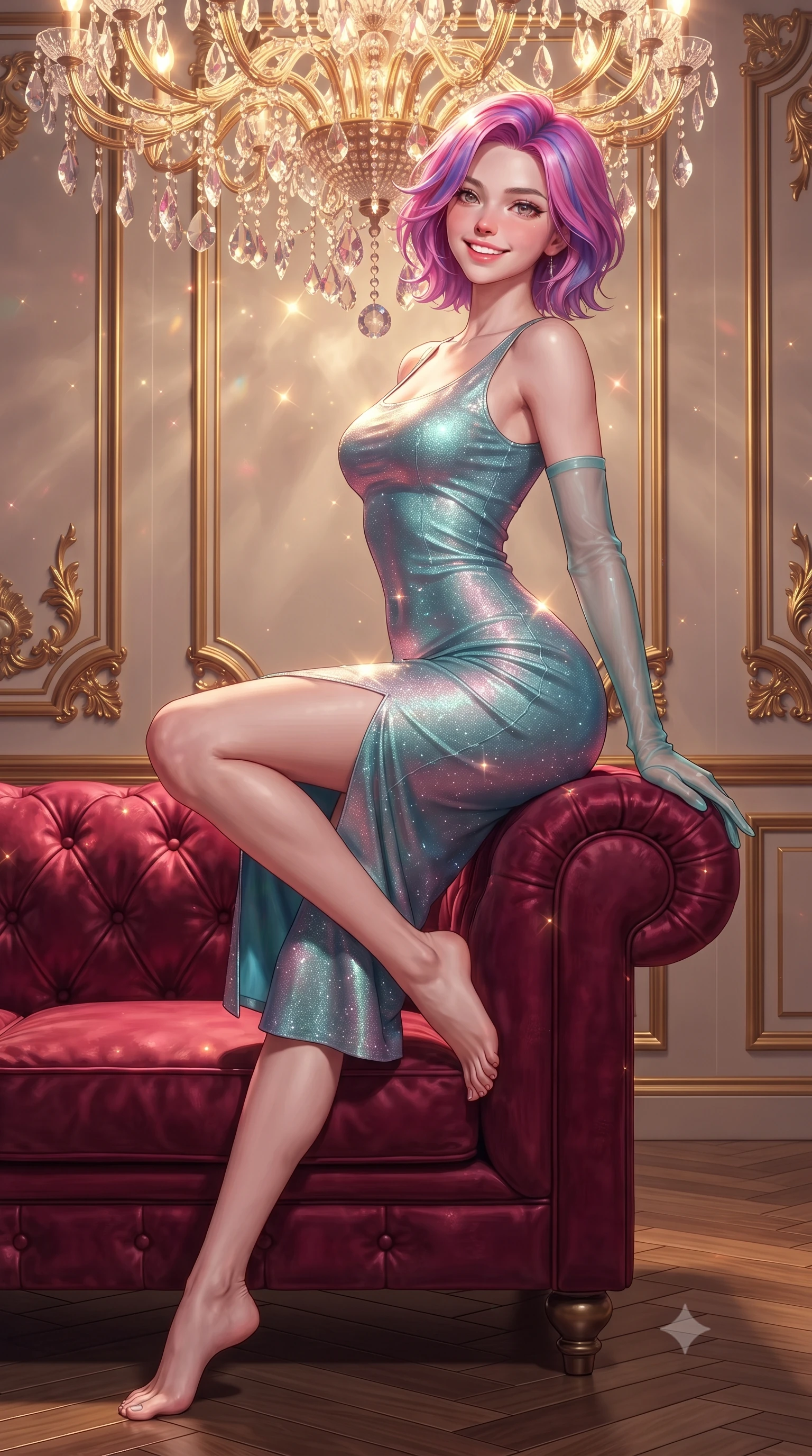 score_9, masterpiece, best quality, ultra-detailed, high-budget anime keyframe, editorial fashion photography, tasteful artistic composition, Caucasian woman. close-up cowboy shot from the waist and thighs up, the character dominates the composition, filling the frame with her large presence. perched sideways on the lounge seat, one knee drawn up to showcase her slender leg line while her arched back accentuates her feminine hip curve while twisting her slender torso in an alluring S-curve, golden chandelier sparkles and ruby velvet glows dancing across her flat midriff and hips. The surrounding environment is rendered in vivid detail and crisp panoramic clarity: sharp hand-carved gilded acanthus leaf mouldings, deep button-tufted velvet upholstery grain, and crystal chandelier facets in deep focus. She has an exceptionally elegant, slender, and willowy female figure with an ultra-slim waist, flat toned midriff, narrow ribcage, and sculpted feminine hips creating an alluring, slim hourglass silhouette without bulk. sharp v-shaped jawline, high-bridge nose, intricate jewel-like sparkling eyes with depth, thick eyelashes, glossy parted lips with a natural peach sheen, bright cheerful beaming smile with an enchanting and coquettish sensual glint, exuding both youthful cute charm and seductive allure, flawlessly proportioned anatomical accuracy, strict slender model proportions, natural body alignment, perfectly sculpted long slender limbs, ultra-slim waistline, clean dynamic posture without body distortion. wearing a body-contouring metallic lurex knit column dress casting radiant starlight shimmer across her flat midriff in subterranean lagoon turquoise and lotus blossom pink, crafted from fluid liquid silk satin that clings smoothly to her narrow waist and rounded hips with a dewy sheen, complemented by sheer opera-length evening gloves tracing her slender arms, the liquid-tight tailored fabric clinging flawlessly to her narrow waist and rounded feminine hips, emphasizing every millimeter of her sculpted slim hourglass curves without any bulky heaviness. illuminated by parquet floor reflection bounce and sharp rose-gold rim lights sculpting her jawline, narrow waist, and curvy hips. ultra-reflective glossy finish, specular highlights, rich textural contrasts, high-contrast stereoscopic depth, volumetric dynamic lighting, 2k, ultra detail, master piece, 9:16 ratio
