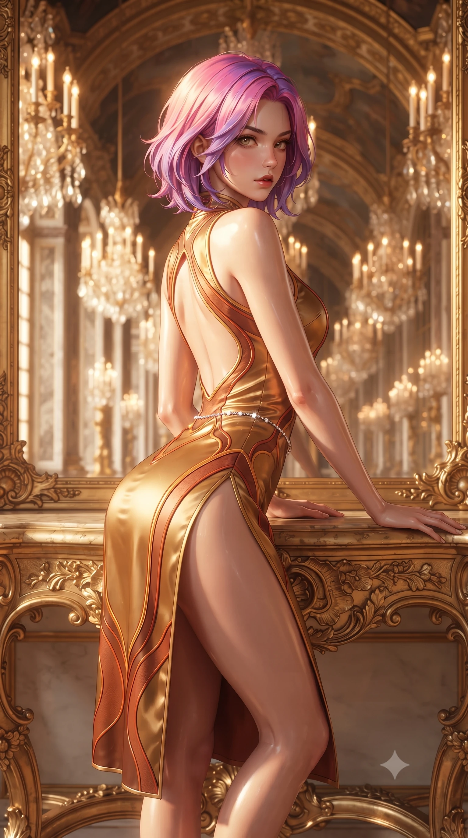 score_9, masterpiece, best quality, ultra-detailed, high-budget anime keyframe, editorial fashion photography, tasteful artistic composition, Caucasian woman. close-up cowboy shot from the waist and thighs up, the character dominates the composition, filling the frame with her large presence. leaning forward against the polished railing with her hips cocked back, creating an intoxicating curve from her narrow waist to sculpted hips as she gazes back into the lens while leaning back against a carved gilded console table with hips cocked, casting a haughty, aristocratic bedroom-gaze into the mirrored infinity. The composition keeps background elements in soft focus with creamy bokeh. hundreds of glowing crystal chandeliers and gilded rococo archways blurred into radiant champagne, gold, and candle-amber bokeh. She has an exceptionally elegant, slender, and willowy female figure with an ultra-slim waist, flat toned midriff, narrow ribcage, and sculpted feminine hips creating an alluring, slim hourglass silhouette without bulk. sharp v-shaped jawline, high-bridge nose, intricate jewel-like eyes with depth, thick eyelashes, glossy parted lips with a natural sheen, intensely captivating and seductive bedroom-eyes expression, flawlessly proportioned anatomical accuracy, strict slender model proportions, natural body alignment, perfectly sculpted long slender limbs, ultra-slim waistline, clean dynamic posture without body distortion. wearing a modernized cyber-qipao mini dress with an ultra-high side slit ascending to the hip and glowing piping in molten desert gold and burnt terracotta, tailored from water-resistant treated wool gabardine and flexible stretch silk, accented with a dainty diamond waist chain catching the ambient light reflections, the precision-cut side openings and low-back scoop framing her graceful spine and the sensual sweep of her slim, toned hips. bathed in dramatic golden hour sunset backlighting through towering French arched windows. ultra-reflective glossy finish, specular highlights, rich textural contrasts, high-contrast stereoscopic depth, volumetric dynamic lighting, 2k, ultra detail, master piece, 9:16 ratio