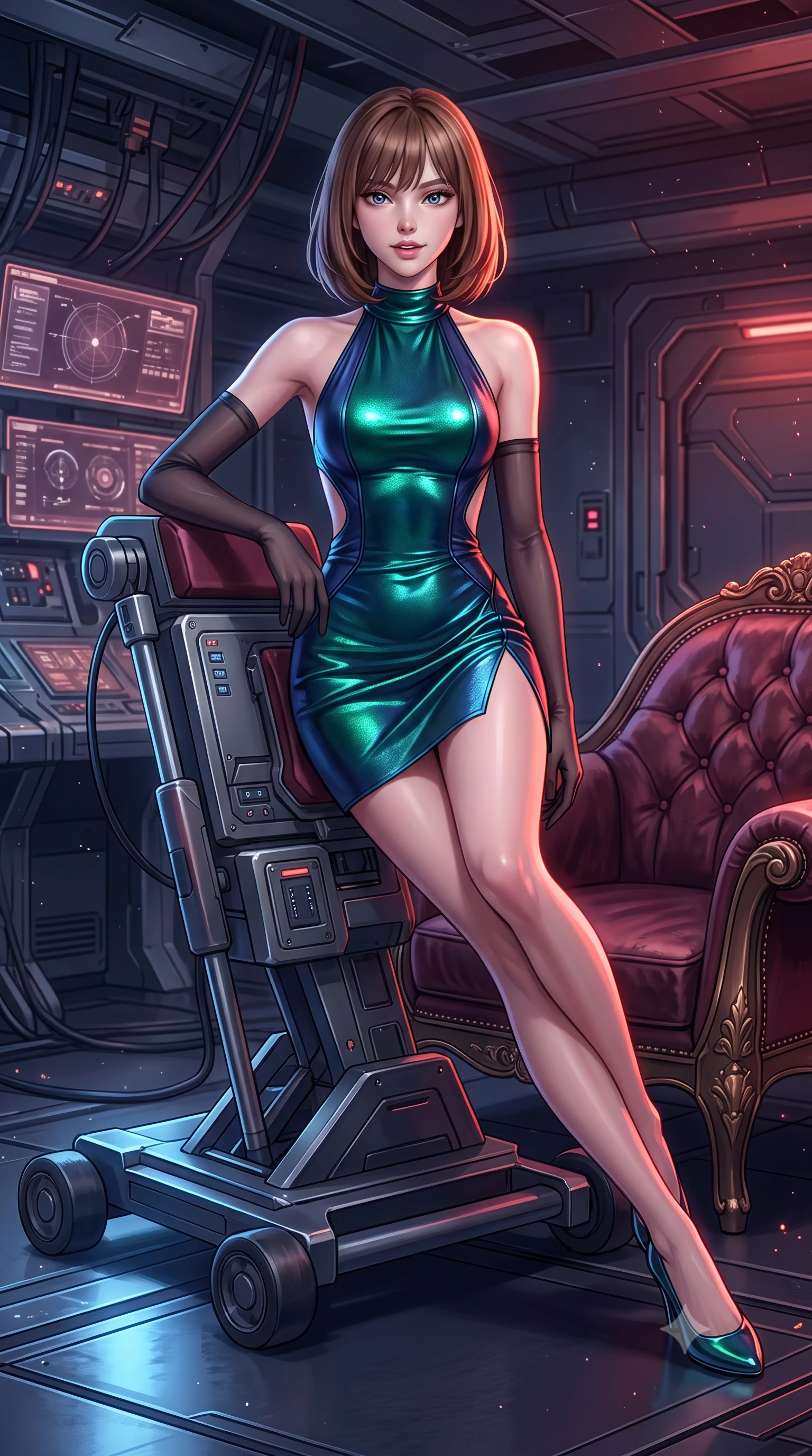 score_9, masterpiece, best quality, ultra-detailed, high-budget anime keyframe, semi-realistic 3D game render, editorial fashion photography, tasteful artistic composition, Caucasian woman. low angle full-body shot from head to toe showing her feet, filling the entire 9:16 vertical frame with her statuesque presence, stretching her vertical silhouette. reclining gracefully across the plush chaise lounge with one leg extended, her sculpted silhouette and flat midriff radiating magnetic nocturnal glamour while sitting gracefully on the antigravity equipment dolly with legs crossed, flashing a radiant, playful smile with parted glossy lips. The surrounding environment is rendered in vivid detail and crisp panoramic clarity: detailed pilot uniform lines, glossy patent leather trims, and airless space station engineering in high resolution. She has an exceptionally tall and slender model-like 8.5-heads proportion, an ultra-slim waist, a flat toned midriff, narrow delicate ribcage, and beautifully sculpted feminine hips creating a graceful, slim hourglass silhouette without any bulky heaviness, with impossibly long slender legs. sharp v-shaped jawline, high-bridge nose, intricate jewel-like sparkling eyes with depth, thick eyelashes, glossy parted lips with a natural peach sheen, bright cheerful beaming smile with an enchanting and coquettish sensual glint, exuding both youthful cute charm and seductive allure, flawlessly proportioned anatomical accuracy, strict slender model proportions, natural body alignment, perfectly sculpted long slender limbs, ultra-slim waistline, clean dynamic posture without body distortion. wearing an alluring backless metallic lamé combat halter mini dress with deep open back down to her lower spine and thigh-high slit in bioluminescent emerald and abyssal sapphire, woven from buttery-soft stretch lambskin leather adhering to her body like a second skin, complemented by sheer opera-length evening gloves tracing her slender arms, the impeccably tailored cut draping gracefully along her slender figure with aristocratic poise. illuminated by titanium floor reflection bounce and sharp Mars-red rim lights defining her jawline, narrow waist, and curvy hips. highly saturated vibrant anime colors, detailed shading with soft gradients, rich glossy textures, high-contrast stereoscopic depth, volumetric dynamic lighting, master piece, 9:16 ratio