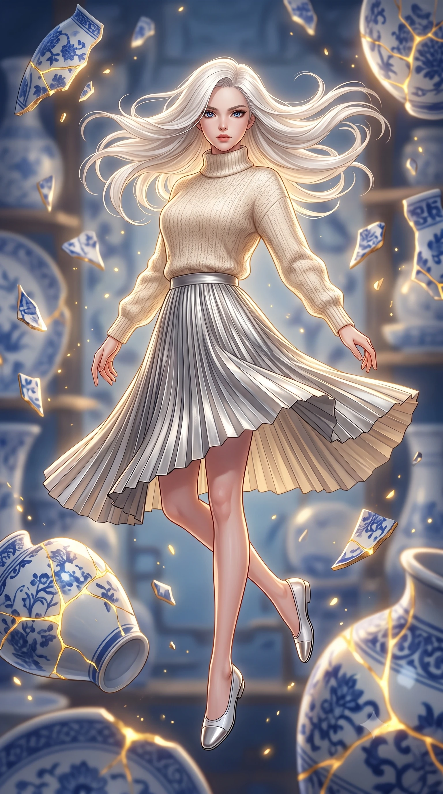 score_9, masterpiece, best quality, ultra-detailed, high-budget anime keyframe, editorial fashion photography, tasteful artistic composition, Caucasian woman woman. low angle full-body shot from head to toe showing her feet, filling the entire 9:16 vertical frame with her statuesque presence, stretching her vertical silhouette. She has an absolutely perfect, statuesque 8.5-heads proportion, an exceptionally tall and slender model-like female figure with impossibly long slender legs and an ultra-slim waist. leaping inside the glowing space with athletic poise, her hair swirling in a dynamic wind vortex, flawlessly proportioned anatomical accuracy, natural body alignment, perfectly sculpted elegant limbs, clean dynamic posture without body distortion. set against a soft-focus background of a floating blue porcelain workshop with levitating kintsugi shards. wearing an elegant high-neck cashmere sweater with a pleated metallic silver A-line skirt. bathed in gold ethereal light radiating from gold cracks in floating ceramics with intense inner glow. highly saturated vibrant anime colors, detailed shading with soft gradients, rich glossy textures, high-contrast stereoscopic depth, volumetric dynamic lighting, master piece, 9:16 ratio