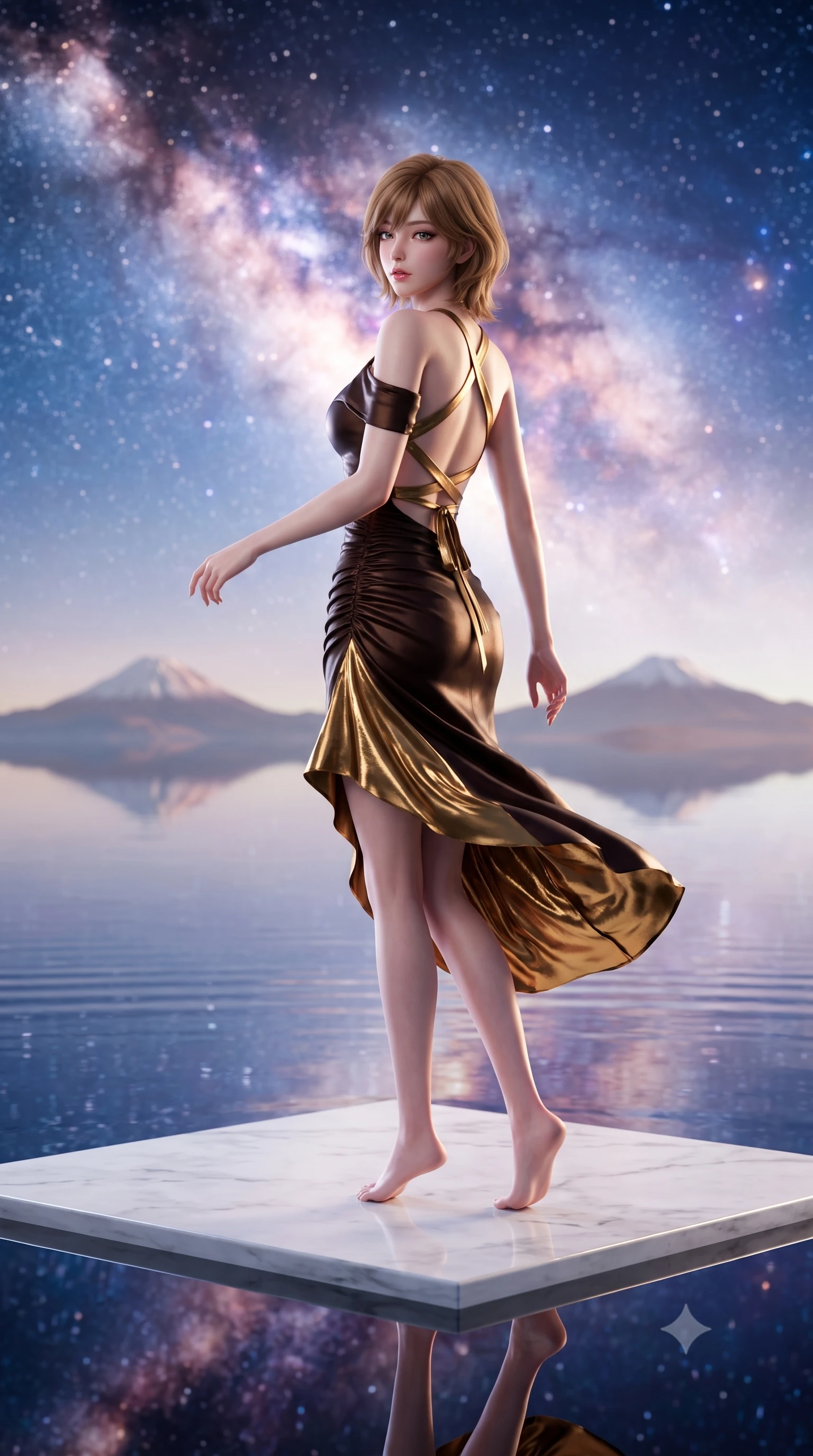 score_9, masterpiece, best quality, ultra-detailed, high-budget anime keyframe, semi-realistic 3D game render, editorial fashion photography, tasteful artistic composition, Korean woman. low angle full-body shot from head to toe showing her feet, filling the entire 9:16 vertical frame with her statuesque presence, stretching her vertical silhouette. executing an elegant mid-motion pivot turn as garments swirl around her slender limbs, glancing over her shoulder with an intoxicating bedroom-gaze while reclining on a minimalist white platform reflected in the mirror water, her curvy hips and long slender legs blending heaven and earth. The composition keeps background elements in soft focus with creamy bokeh. distant Andean volcanic peaks and paper-thin water ripples softened in surreal shallow focus. She has an exceptionally tall and slender model-like 8.5-heads proportion, an ultra-slim waist, a flat toned midriff, narrow delicate ribcage, and beautifully sculpted feminine hips creating a graceful, slim hourglass silhouette without any bulky heaviness, with impossibly long slender legs. sharp v-shaped jawline, high-bridge nose, intricate jewel-like eyes with depth, thick eyelashes, glossy parted lips with a natural sheen, intensely captivating and seductive bedroom-eyes expression, flawlessly proportioned anatomical accuracy, strict slender model proportions, natural body alignment, perfectly sculpted long slender limbs, ultra-slim waistline, clean dynamic posture without body distortion. wearing a form-contouring cocktail dress with an asymmetrical open shoulder and hip-defining ruching in dark espresso brown and molten gold foil, tailored from ultra-smooth duchess satin with a pearlescent sheen, finished with criss-cross back satin straps highlighting her graceful shoulder blades, the dramatically scooped open back descending to the base of her spine, accentuating her razor-sharp statuesque lines and slim hourglass silhouette. bathed in ethereal 360-degree cosmic starlight and glowing Milky Way galactic glow reflecting from below and above. highly saturated vibrant anime colors, detailed shading with soft gradients, rich glossy textures, high-contrast stereoscopic depth, volumetric dynamic lighting, master piece, 9:16 ratio