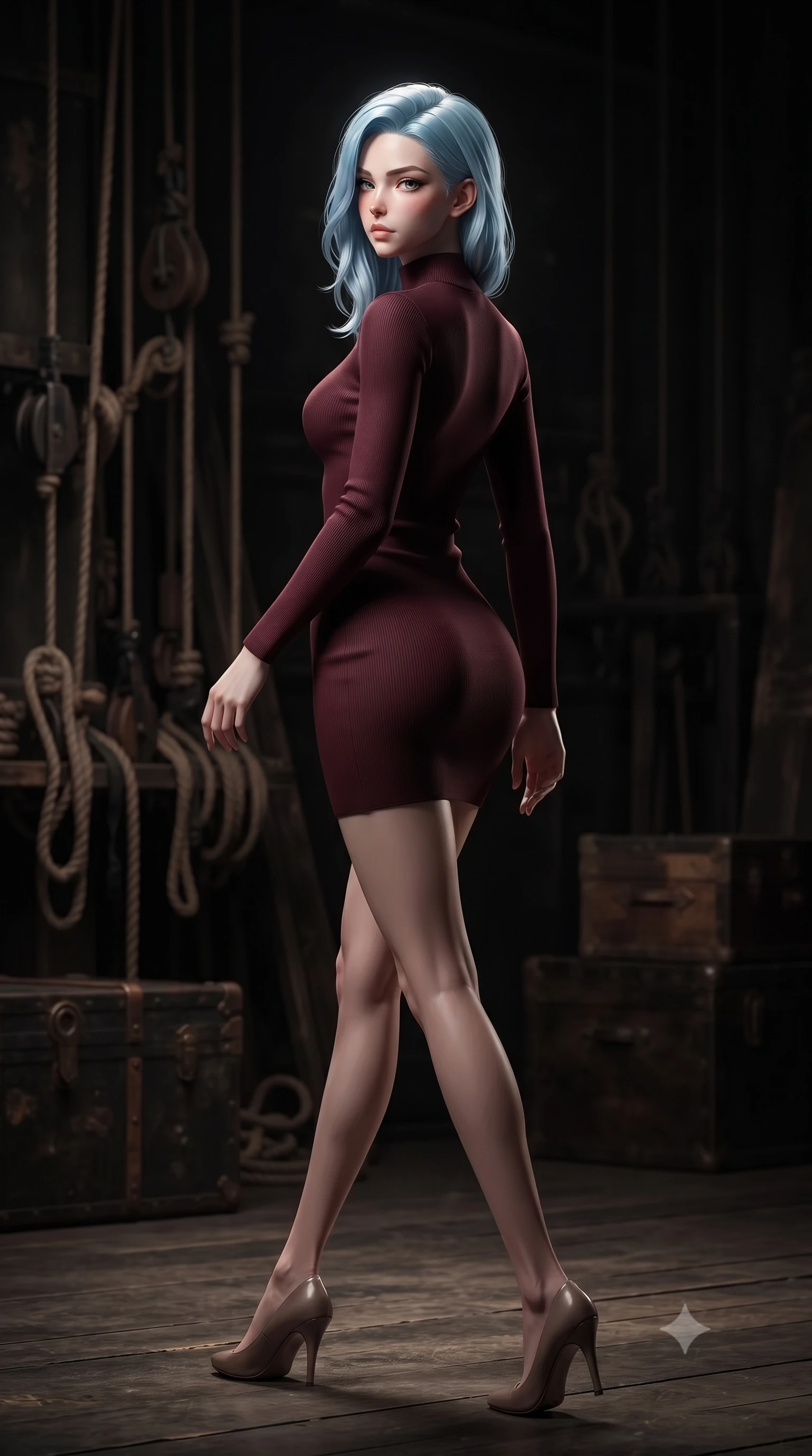 score_9, masterpiece, best quality, ultra-detailed, high-budget anime keyframe, editorial fashion photography, tasteful artistic composition, Korean woman. low angle full-body shot from head to toe showing her feet, filling the entire 9:16 vertical frame with her statuesque presence, stretching her vertical silhouette. stepping gracefully while looking back over her shoulder, her dress draped tightly to reveal her silhouette the background shows a soft-focus a vintage stage wing with ropes, pulleys, and wooden trunks in the dark. She has an absolutely perfect, statuesque 8.5-heads proportion, an exceptionally tall and slender model-like female figure with impossibly long slender legs and an ultra-slim waist. sharp v-shaped jawline, high-bridge nose, intricate jewel-like eyes with depth, thick eyelashes, glossy lips with a natural sheen. wearing a slim-fit form-contouring bodycon sweater dress in deep burgundy, featuring a snug mock-neck. dramatic chiaroscuro lighting focusing on her athletic, slender build. ultra-reflective glossy finish, specular highlights, metallic sheen, high-contrast stereoscopic depth, volumetric dynamic lighting, 2k, ultra detail, master piece, 9:16 ratio