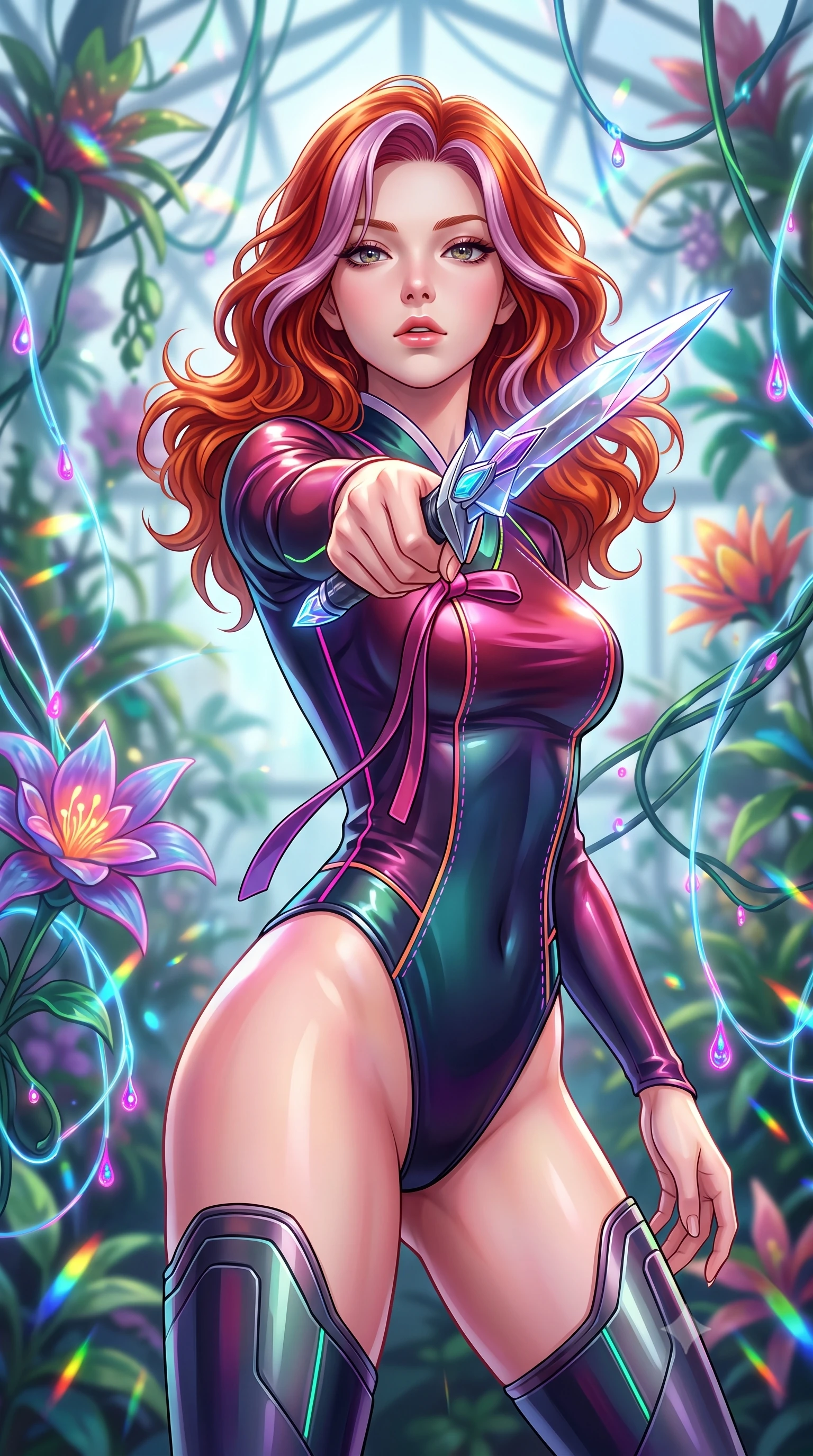 score_9, masterpiece, best quality, ultra-detailed, high-budget anime keyframe, editorial fashion photography, tasteful artistic composition, Caucasian woman. close-up cowboy shot from the waist and thighs up, the character dominates the composition, filling the frame with her large presence, background elements kept in soft focus. pointing a crystal-edged laser dagger forward in a defensive stance, tilting her chin up slightly with lips parted in a composed pose, the background shows a soft-focus a floating botanical glasshouse with hyper-hybrid flora connected by fiber-optic vines. She has an exceptionally elegant, slender, and willowy female figure with an ultra-slim waist, a gracefully sculpted slender torso, and a refined silhouette. sharp v-shaped jawline, high-bridge nose, intricate jewel-like eyes with depth, thick eyelashes, glossy lips with a natural sheen. wearing a body-hugging modern fusion cyber-hanbok robes featuring neon-stitch silk panels and reinforced composite shin guards. vibrant neon sap droplets casting micro-prismatic rainbow refractions. highly saturated vibrant anime colors, detailed shading with soft gradients, rich glossy textures, high-contrast stereoscopic depth, volumetric dynamic lighting, master piece, 9:16 ratio
