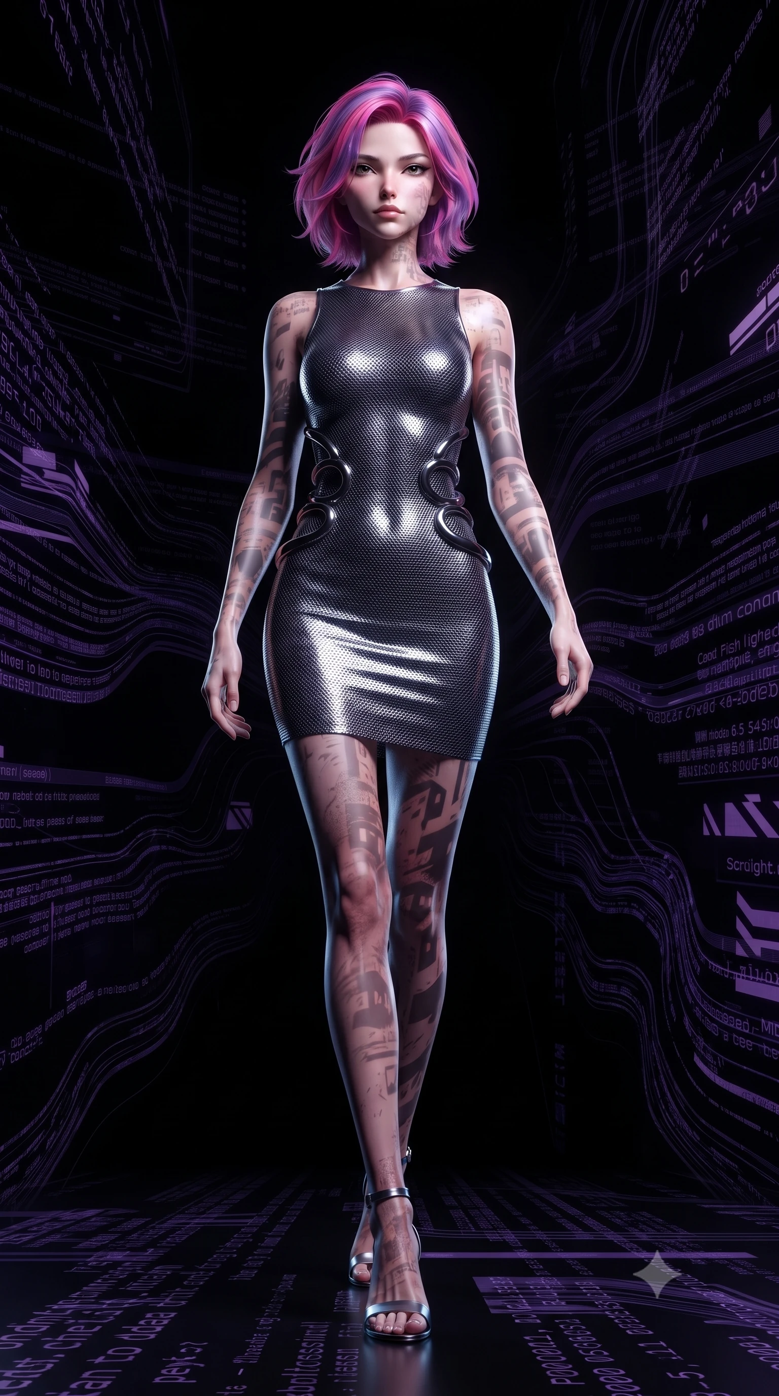 score_9, masterpiece, best quality, ultra-detailed, high-budget anime keyframe, editorial fashion photography, tasteful artistic composition, Caucasian woman. low angle full-body shot from head to toe showing her feet, filling the entire 9:16 vertical frame with her statuesque presence, stretching her vertical silhouette. navigating the midnight sanctuary with an effortless, graceful stride, standing inside a pitch-black digital void filled with dark purple holographic code streams, holographic glitch noise projecting dark geometric patterns on her skin. She has an absolutely perfect, statuesque 8.5-heads proportion, an exceptionally tall and slender model-like female figure with impossibly long slender legs and an ultra-slim waist. sharp v-shaped jawline, high-bridge nose, intricate jewel-like eyes with depth, thick eyelashes, glossy lips with a natural sheen. wearing aerodynamic second-skin dark silver metallic bodycon dress in metallic dark silver, made of fine dark contouring mesh, accented with sculpted obsidian chrome rings at the waist, following her slender form with tailored precision. illuminated by dark purple and cyan holographic data rays against a black void. ultra-reflective glossy finish, specular highlights, metallic sheen, high-contrast stereoscopic depth, volumetric dynamic lighting, 2k, ultra detail, master piece, 9:16 ratio