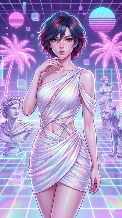 score_9, masterpiece, best quality, ultra-detailed, high-budget anime keyframe, Caucasian woman, strictly human ears. upper body close-up from the thighs up, character filling the screen for maximum presence. drifting through a holographic vaporwave 