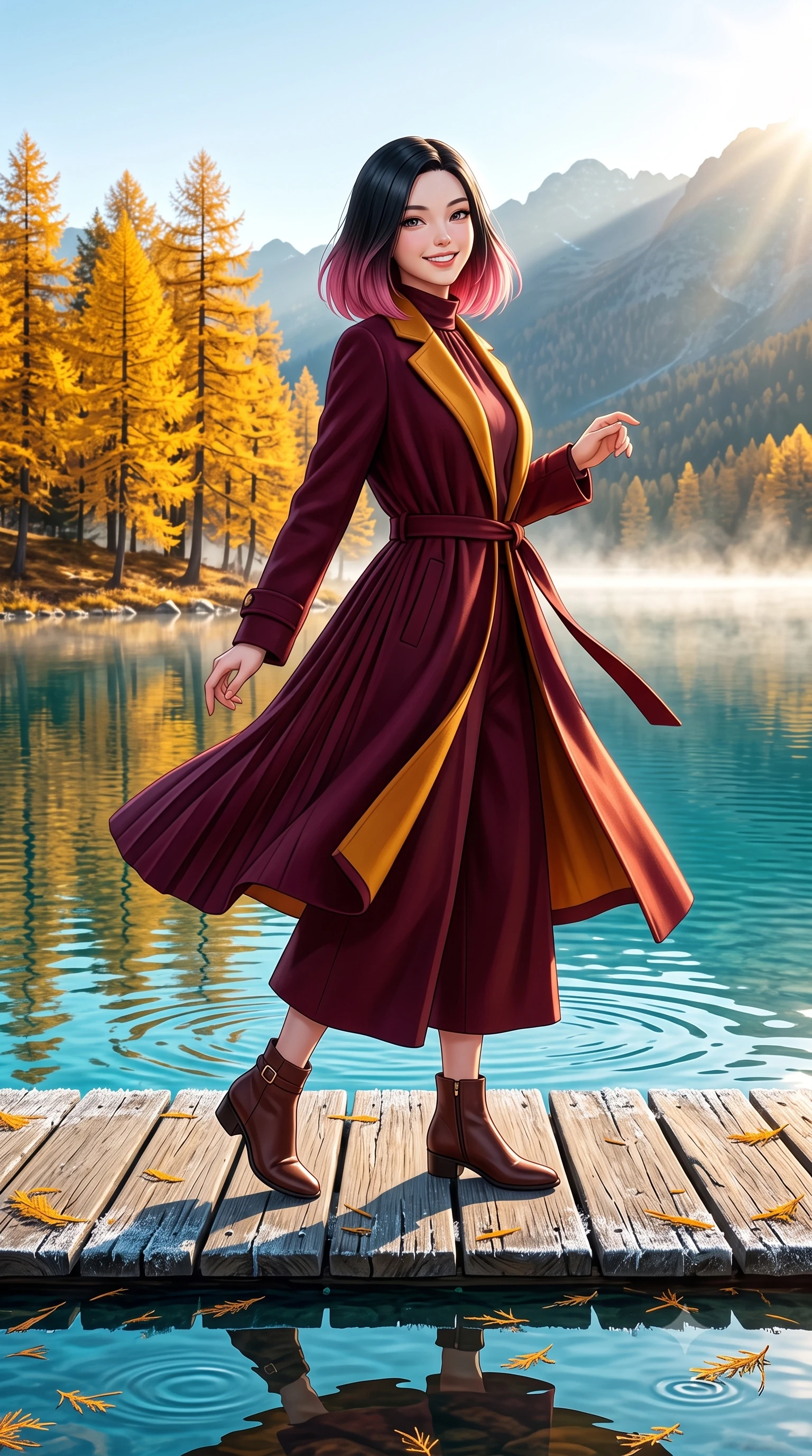 score_9, masterpiece, best quality, ultra-detailed, high-budget anime keyframe, semi-realistic 3D game render, editorial fashion photography, tasteful artistic composition, Korean woman. low angle full-body shot from head to toe showing her feet, filling the entire 9:16 vertical frame with her statuesque presence, stretching her vertical silhouette. executing an elegant pivot turn as the hem of her pleated wool skirt sways rhythmically, glancing back with joyful radiance while pausing beneath a stand of brilliant golden larch trees reflecting in the turquoise water, holding her coat lapels with refined elegance. The surrounding environment is rendered in vivid detail and crisp panoramic clarity: sharp ice crystal needles on wooden boardwalk planks, fallen larch needles, and ripples on glassy water in deep focus. She has an exceptionally tall and slender model-like 8.5-heads proportion, an ultra-slim waist, a flat toned midriff, narrow delicate ribcage, and beautifully sculpted feminine hips creating a graceful, slim hourglass silhouette without any bulky heaviness, with impossibly long slender legs. sharp v-shaped jawline, high-bridge nose, intricate jewel-like sparkling eyes with depth, thick eyelashes, glossy parted lips with a natural peach sheen, bright cheerful beaming smile with an enchanting and coquettish sensual glint, exuding both youthful cute charm and seductive allure, flawlessly proportioned anatomical accuracy, strict slender model proportions, natural body alignment, perfectly sculpted long slender limbs, ultra-slim waistline, clean dynamic posture without body distortion. wearing a modern tailored silk-blend robe coat with minimalist sash belt layered over a high-neck blouse and wide culottes in rich Oxford burgundy and golden amber, woven from fine Australian merino wool with a smooth fluid drape and subtle sheen, finished with a smooth equestrian bridle-leather belt with a polished brass horseshoe buckle, the sharp shoulder tailoring and gently nipped waist framing her slender torso with pristine sartorial perfection. bathed in crisp, sparkling morning sun breaking over mountain crests, illuminating lake mist with ethereal golden backlighting. highly saturated vibrant anime colors, detailed shading with soft gradients, rich glossy textures, high-contrast stereoscopic depth, volumetric dynamic lighting, master piece, 9:16 ratio