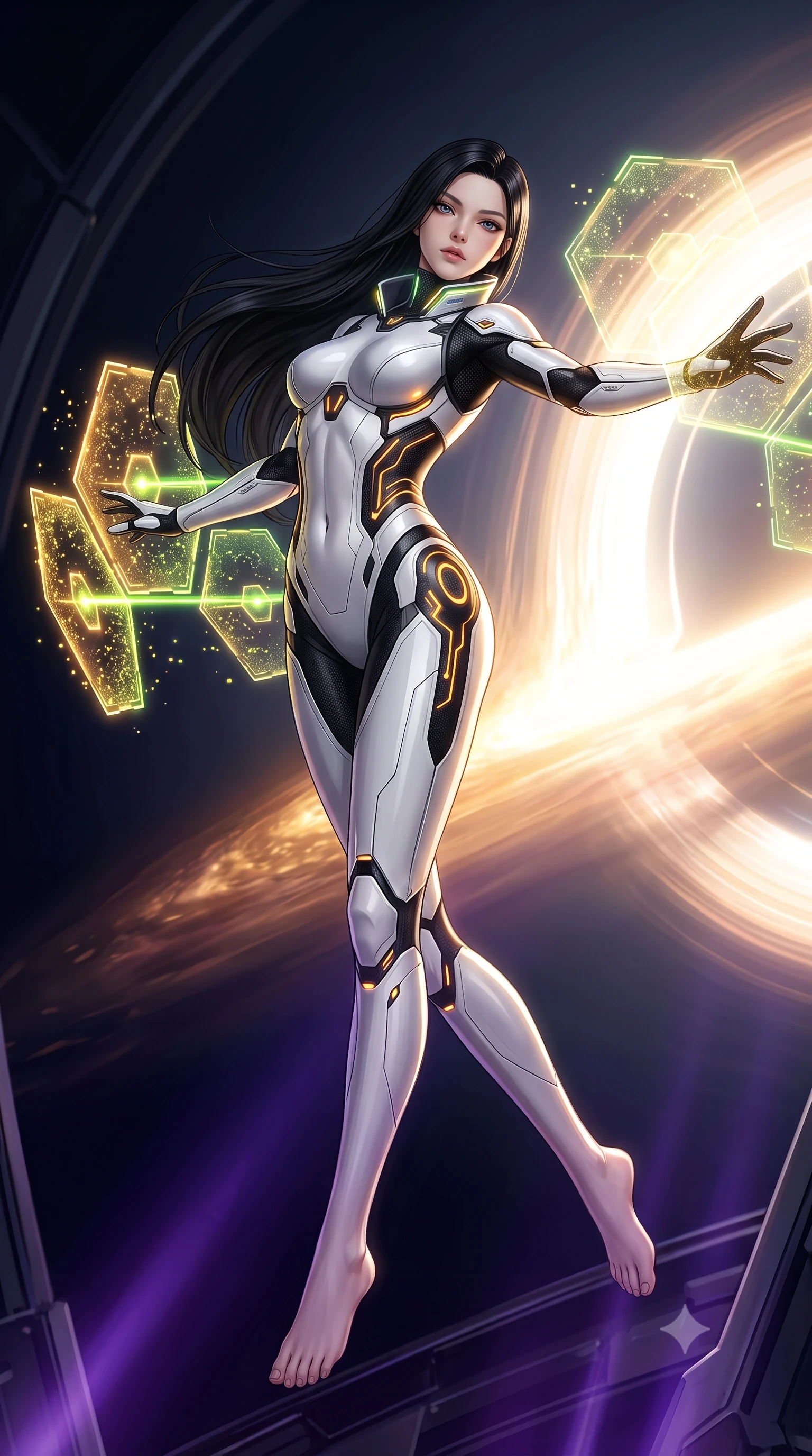 score_9, masterpiece, best quality, ultra-detailed, high-budget anime keyframe, semi-realistic 3D game render, editorial fashion photography, tasteful artistic composition, Korean woman. low angle full-body shot from head to toe showing her feet, filling the entire 9:16 vertical frame with her statuesque presence, stretching her vertical silhouette. arching her spine in a fluid zero-gravity combat turn with sovereign grace, her long slender legs and sculpted torso creating a sweeping line of power while pivoting dynamically in zero-gravity with arms outstretched as the translucent energy shields pulse with golden particle light. The surrounding environment is rendered in vivid detail and crisp panoramic clarity. transcendent chiaroscuro contrast between blinding accretion light and deep cosmic shadows in precision. She has an absolutely perfect, statuesque 8.5-heads proportion, an exceptionally tall and slender model-like female figure with impossibly long slender legs, a toned flat midriff, and an ultra-slim waist. sharp v-shaped jawline, high-bridge nose, intricate jewel-like eyes with depth, thick eyelashes, glossy lips with a natural sheen, flawlessly proportioned anatomical accuracy, strict slender model proportions, natural body alignment, perfectly sculpted long slender limbs, ultra-slim waistline, clean dynamic posture without body distortion. wearing a high-contrast monochrome white-and-black carbon-composite exoskeleton suit with glowing amber circuitry, deploying floating hexagonal holographic energy shields with sovereign grace in emerald green carbon composite with glowing lime laser channels, made of lightweight aerodynamic carbon-titanium alloy with polished edge bevels, featuring a sleek aerodynamic collar framed by subtle glowing cybernetic status LEDs, the form-contouring material adhering flawlessly to her sculpted flat midriff and slender torso, emphasizing her long leg lines and perfectly proportioned willowy build. bathed in radiant golden singularity accretion glow and saturated violet gravitational field uplights. rich saturated anime colors with glowing neon highlights, detailed shading with soft gradients, rich glossy textures, high-contrast stereoscopic depth, volumetric dynamic lighting, master piece, 9:16 ratio