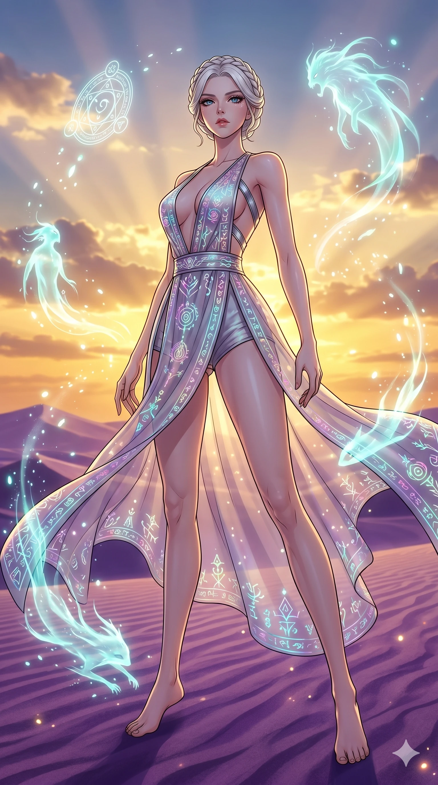 score_9, masterpiece, best quality, ultra-detailed, high-budget anime movie keyframe, cinematic anime lighting, intricate line art, Japanese woman. Low angle cowboy shot filling the entire 9:16 frame with her statuesque presence. summoning mystical spirits in a desert of purple sands during a golden sunset. She has an absolutely perfect 8-heads proportion, an exceptionally tall and slender female figure with an ultra-slim waist and impossibly long slender legs. sharp v-shaped jawline, high-bridge nose, intricate jewel-like eyes, thick eyelashes, glossy lips. Wearing modernized deep-plunging silk hanbok-fusion with metallic straps, a high-slit sheer skirt over micro-shorts, and holographic embroidered patterns. The scene is illuminated by dramatic atmospheric lighting and vibrant color palettes. , 2k, ultra detail, master piece, 9:16 ratio