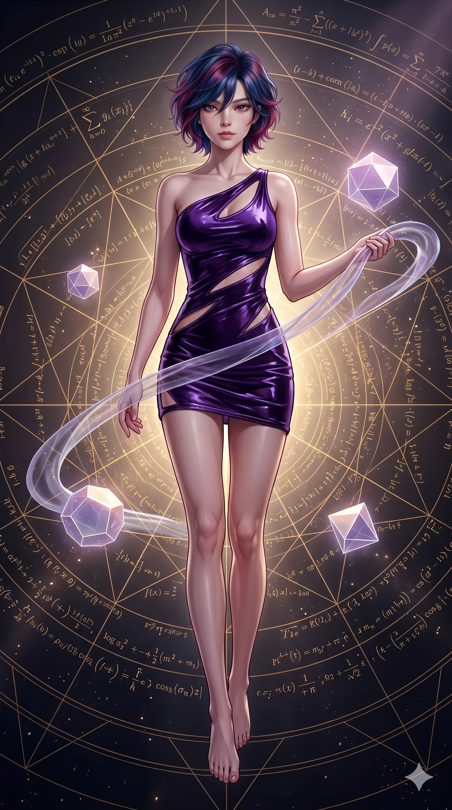 score_9, masterpiece, best quality, ultra-detailed, high-budget anime keyframe, Korean woman. low angle full-body shot filling the entire 9:16 frame with her statuesque presence, stretching the vertical silhouette. floating gracefully in a mathematical mandala void filled with golden geometric lines of complex formulas, holding a translucent ribbon as she glides between floating regular polyhedrons. She has an absolutely perfect 8-heads proportion, an exceptionally tall and slender female figure with impossibly long slender legs and an ultra-slim waist. V-shaped jawline, high-bridge nose, intricate jewel-like eyes with depth, thick eyelashes, glossy lips with a natural sheen.. wearing an asymmetric liquid velvet slip dress, featuring a wet-look deep purple velvet one-shoulder mini slip with slanted slashed cutouts. illuminated by dramatic chiaroscuro casting soft shadows along her curves, with vibrant backlighting highlighting the dust particles. 2k, ultra detail, master piece, 9:16 ratio