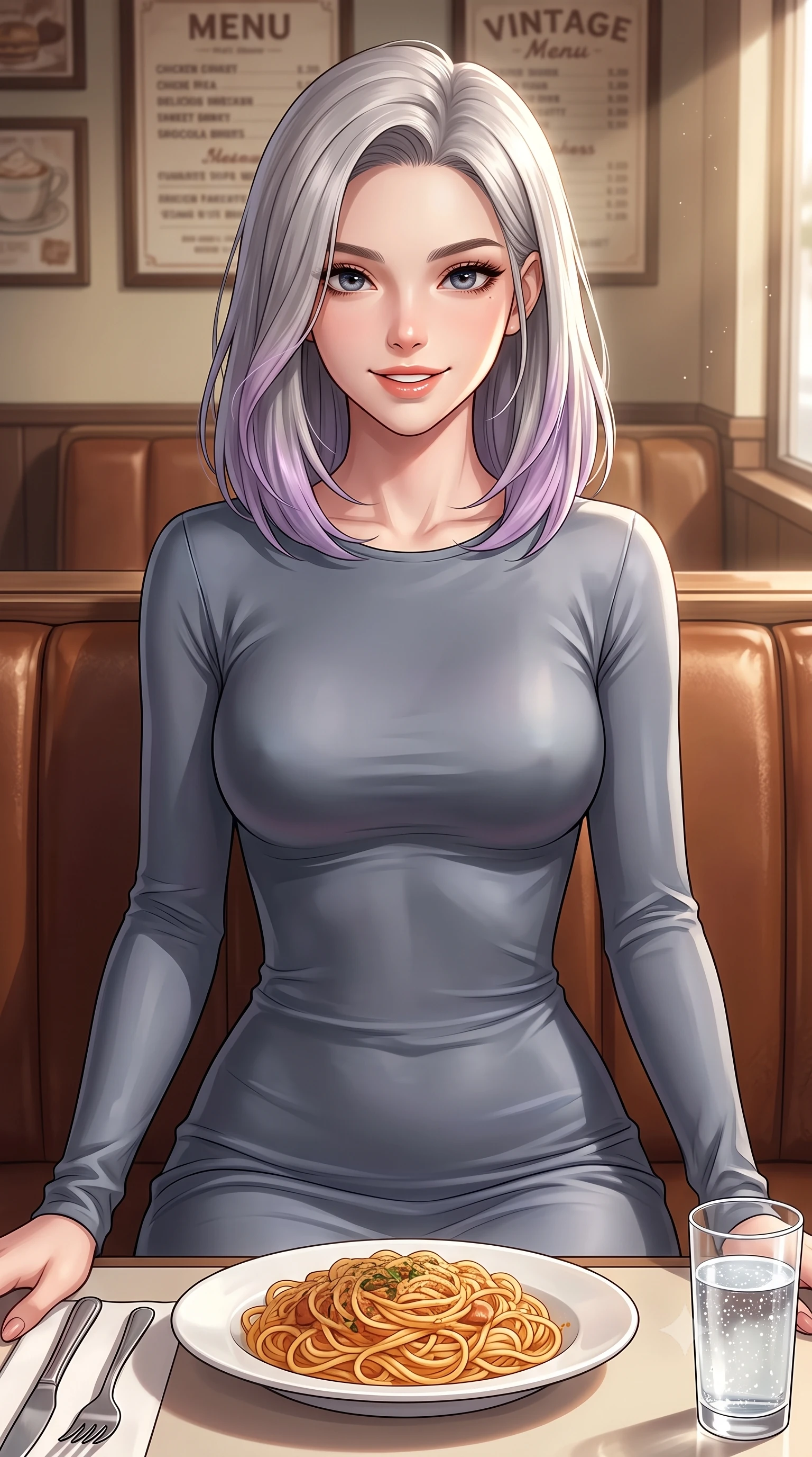 score_9, masterpiece, best quality, ultra-detailed, high-budget anime keyframe, editorial fashion photography, tasteful artistic composition, Caucasian woman. close-up cowboy shot from the waist and thighs up, the character dominates the composition, filling the frame with her large presence, background elements kept in soft focus. gazing at the camera with a warm, lovely smile and cute, friendly eye contact set against a soft-focus background of in a cozy traditional diner corner with leather booths and vintage menus with a plate of delicious pasta and a glass of sparkling water on the table. She has an exceptionally elegant, slender, and willowy female figure with an ultra-slim waist, a gracefully sculpted slender torso, and a refined silhouette. sharp v-shaped jawline, high-bridge nose, intricate jewel-like eyes with depth, thick eyelashes, glossy lips with a natural sheen. wearing body-hugging body-hugging long-sleeve silk dress in slate grey, following her form elegantly. crisp morning sun rays creating a fresh and energetic breakfast atmosphere. highly saturated vibrant anime colors, detailed shading with soft gradients, rich glossy textures, high-contrast stereoscopic depth, volumetric dynamic lighting, master piece, 9:16 ratio