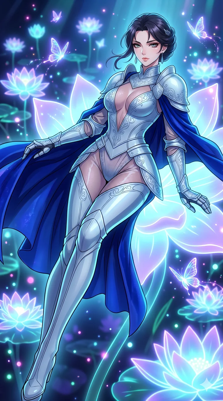 score_9, masterpiece, best quality, ultra-detailed, High-budget Anime Keyframe, vibrant colors, fluid line-art, expressive lighting, cinematic composition, Ufotable-style visual effects, top-tier animation quality, Japanese woman with delicate and elegant anime-inspired features. Dynamic full-body shot stretching the vertical silhouette, capturing her from a powerful low-angle perspective. Resting against a giant glowing flower that emits a soft, pulse-like light. She has an absolutely perfect 8-heads proportion, an exceptionally tall and slender female figure with impossibly long slender legs and an ultra-slim waist, her statuesque height and towering silhouette dominating the vertical 9:16 frame. Her face is a masterpiece featuring a sharp v-shaped jawline, high-bridge nose, intricate jewel-like eyes with depth, thick eyelashes, and glossy lips with a natural sheen. She is wearing a Form-fitting light silver plate armor with intricate engravings, over a sheer silk bodysuit with a deep plunging neckline, and a royal blue velvet cape.. The scene is set in a digital garden filled with holographic lotus flowers and neon butterflies. 2k, ultra detail, master piece, 9:16 ratio