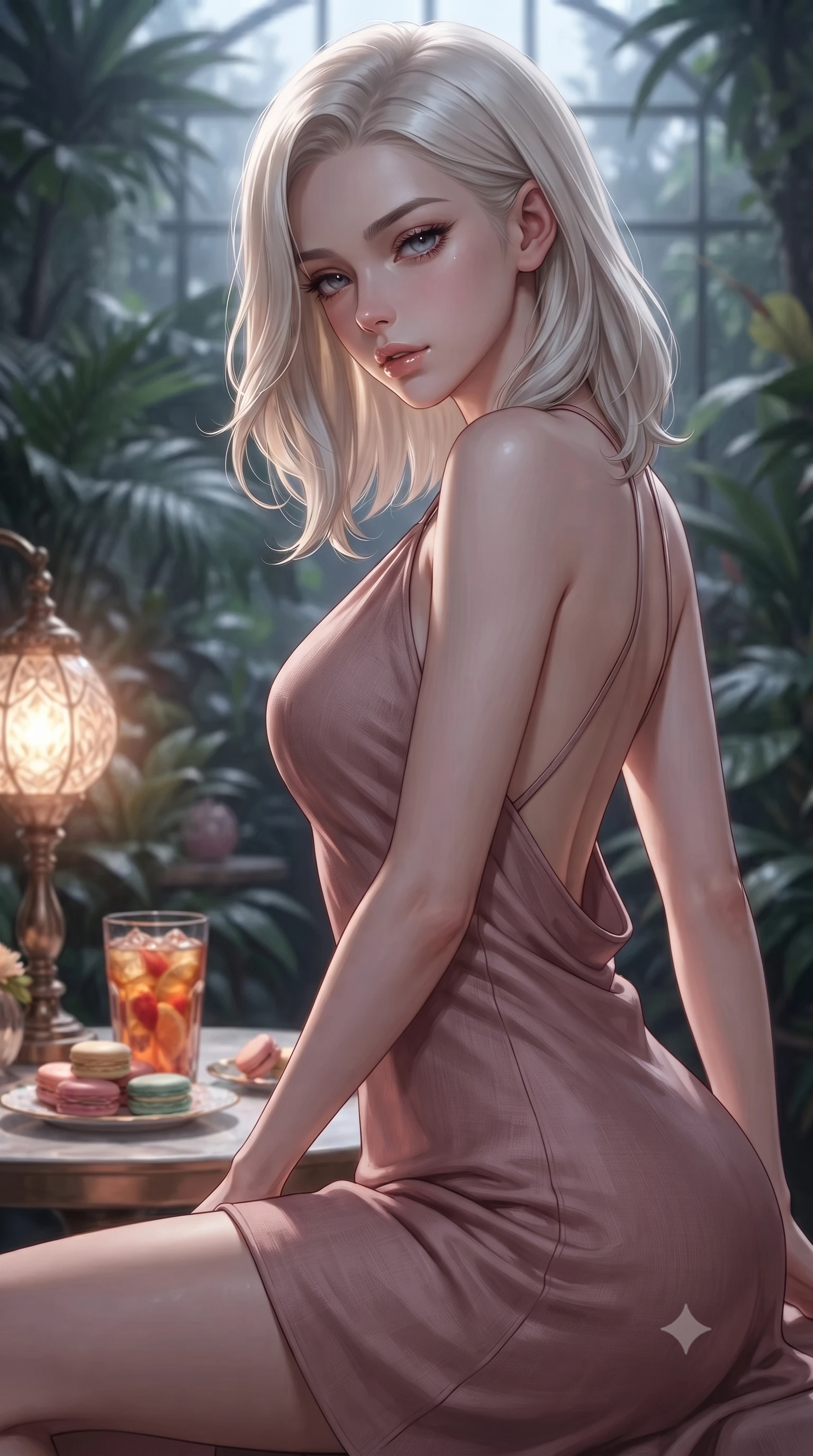 score_9, masterpiece, best quality, ultra-detailed, high-budget anime keyframe, editorial fashion photography, tasteful artistic composition, Caucasian woman. close-up cowboy shot from the waist and thighs up, the character dominates the composition, filling the frame with her large presence, background elements kept in soft focus. looking down at the viewer beneath lowered lashes with a quiet, smoldering confidence and parted lips set against a soft-focus background of inside an exclusive botanical greenhouse with a glass of iced fruit tea and delicate macaron pastries arranged on the table. She has an exceptionally elegant, slender, and willowy female figure with an ultra-slim waist, a gracefully sculpted slender torso, and a refined silhouette. sharp v-shaped jawline, high-bridge nose, intricate jewel-like eyes with depth, thick eyelashes, glossy lips with a natural sheen. wearing form-contouring dusty rose soft linen backless linen halter dress featuring delicate straps and a draped open-back design featuring refined tailored seams. illuminated by soft silver moonlight contrasting with the warm amber glow of a nearby lamp. ultra-reflective glossy finish, specular highlights, metallic sheen, high-contrast stereoscopic depth, volumetric dynamic lighting, 2k, ultra detail, master piece, 9:16 ratio