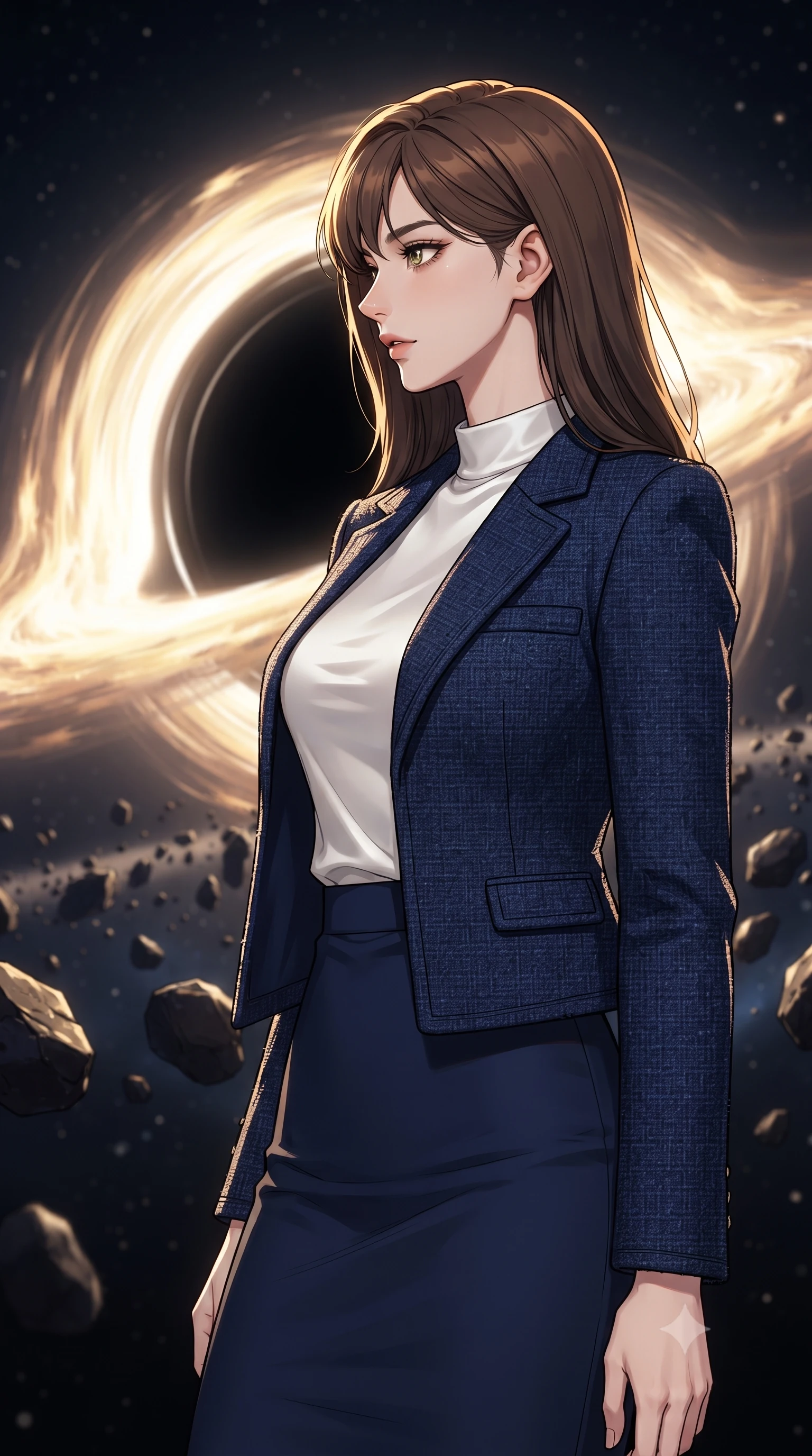 score_9, masterpiece, best quality, ultra-detailed, high-budget anime keyframe, gorgeous anime illustration, with clean line-art and distinct ink outlines, Korean woman. close-up cowboy shot from the waist and thighs up, the character dominates the composition, filling the frame with her large presence, background elements kept in soft focus. Turning her face in sharp dramatic profile against the light. set against a soft-focus background of standing on a ring of floating obsidian stone fragments orbiting a spinning black hole, a brilliant accretion disk of golden and white fire swirling around the dark void at the center. She has an exceptionally elegant and slender, willowy female figure with an ultra-slim waist, a gracefully sculpted slender torso, and a refined slim physique. sharp v-shaped jawline, high-bridge nose, intricate jewel-like eyes with depth, thick eyelashes, glossy lips with a natural sheen. wearing a navy blue tweed jacket over a white satin mock-neck top, paired with a matching navy blue pencil skirt. high-contrast dramatic gold light from the accretion disk casting strong rim lighting against the pitch-black singularity. 2k, ultra detail, master piece, 9:16 ratio, vibrant anime color palette, detailed cel-shading with soft gradients, rich contrast, dynamic lighting, 2d animation style