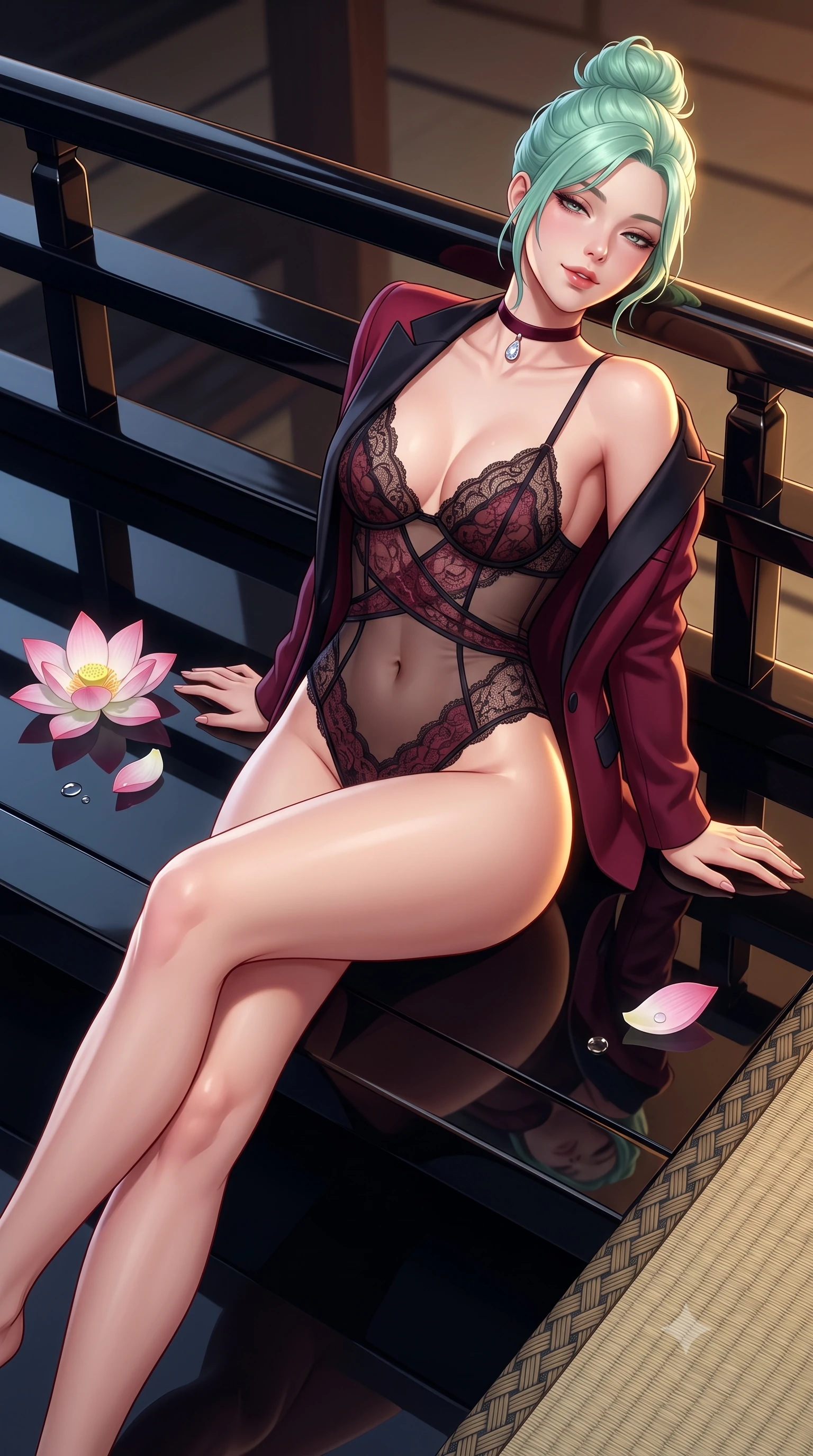 score_9, masterpiece, best quality, ultra-detailed, high-budget anime keyframe, semi-realistic 3D game render, editorial fashion photography, tasteful artistic composition, Japanese woman. close-up cowboy shot from the waist and thighs up, the character dominates the composition, filling the frame with her large presence. leaning back against the balustrade with relaxed seductive grace, head tilted back slightly while casting a hypnotic, heavy-lidded gaze while reclining sideways across the low platform with legs crossed, resting on one hand with sovereign geisha-queen charisma. The surrounding environment is rendered in vivid detail and crisp panoramic clarity: sharp piano-black lacquer reflection clarity, lotus petal dew drops, and woven tatami edging in deep focus. She has an exceptionally elegant, slender, and willowy female figure with an ultra-slim waist, flat toned midriff, narrow ribcage, and sculpted feminine hips creating an alluring, slim hourglass silhouette without bulk. sharp v-shaped jawline, high-bridge nose, sparkling eyes with hypnotic seductive depth, thick curled eyelashes, glossy parted lips with a natural dewy peach sheen, alluring bedroom-eyes with an enchanting coquettish smile, exuding magnetic siren charisma and sophisticated glamour, flawlessly proportioned anatomical accuracy, strict slender model proportions, natural body alignment, perfectly sculpted long slender limbs, ultra-slim waistline, clean dynamic posture without body distortion. wearing a delicate sheer French Chantilly lace teddy layered under an open tailored tuxedo blazer draped over bare shoulders in Gion dark cherry and midnight obsidian, tailored from fine structural neoprene with crisp architectural edges and smooth contouring, finished with a thin velvet ribbon choker and a single teardrop diamond pendant, the high-slit wrap tailoring accentuating her ultra-slim waistline and the enchanting curve of her feminine hips with alluring seductive charm. illuminated by lacquer floor reflection fill and sharp warm-gold rim lights sculpting her jawline, flat midriff, and voluptuous hip curves. highly saturated vibrant anime colors, detailed shading with soft gradients, rich glossy textures, high-contrast stereoscopic depth, volumetric dynamic lighting, master piece, 9:16 ratio