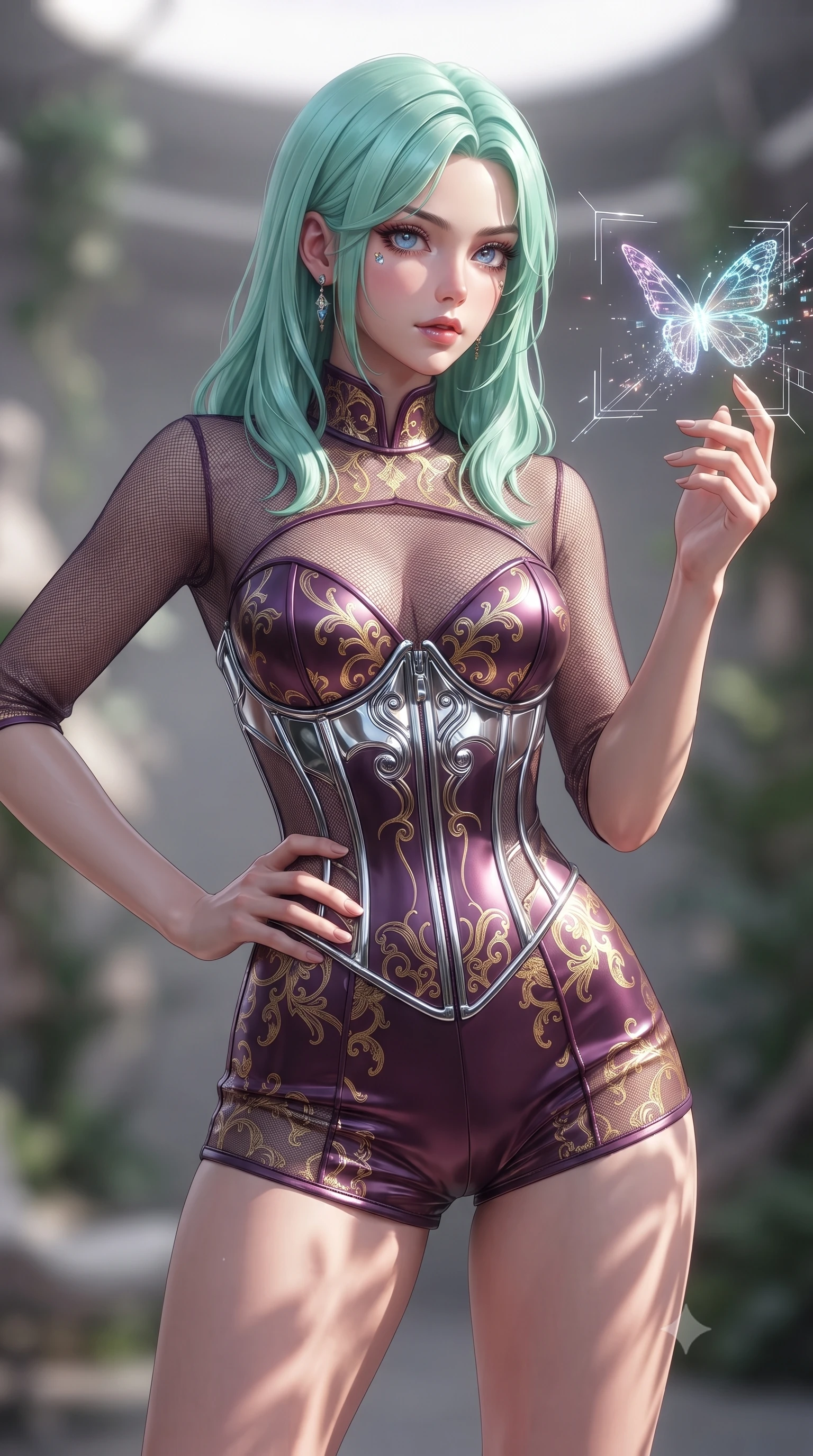 score_9, masterpiece, best quality, ultra-detailed, high-budget anime keyframe, editorial fashion photography, tasteful artistic composition, Japanese woman. close-up cowboy shot from the waist and thighs up, the character dominates the composition, filling the frame with her large presence, background elements kept in soft focus. Holding a powerful dynamic pose with one hand on her hip and body angled dramatically toward the key light while reaching her hand out to touch a floating holographic butterfly dispersing code sparks, sleek platinum wire lattices creating clean architectural line frames. She has an exceptionally elegant, slender, and willowy female figure with an ultra-slim waist, a gracefully sculpted slender torso, and a refined silhouette. sharp v-shaped jawline, high-bridge nose, intricate jewel-like eyes with depth, thick eyelashes, glossy lips with a natural sheen, flawlessly proportioned anatomical accuracy, natural body alignment, perfectly sculpted elegant limbs, clean dynamic posture without body distortion. wearing a chrome-plated structured bodice worn over a sheer mesh top and micro-shorts in plum purple and gold filigree, crafted from lustrous satin jersey with fluid draping, accented with a Tasteful chest slit framing her clavicle gracefully, the elegant draped fit framing her graceful clavicle and slender torso. illuminated by brilliant sunbeams casting organic leaf stencil shadows. ultra-reflective glossy finish, specular highlights, metallic sheen, high-contrast stereoscopic depth, volumetric dynamic lighting, 2k, ultra detail, master piece, 9:16 ratio