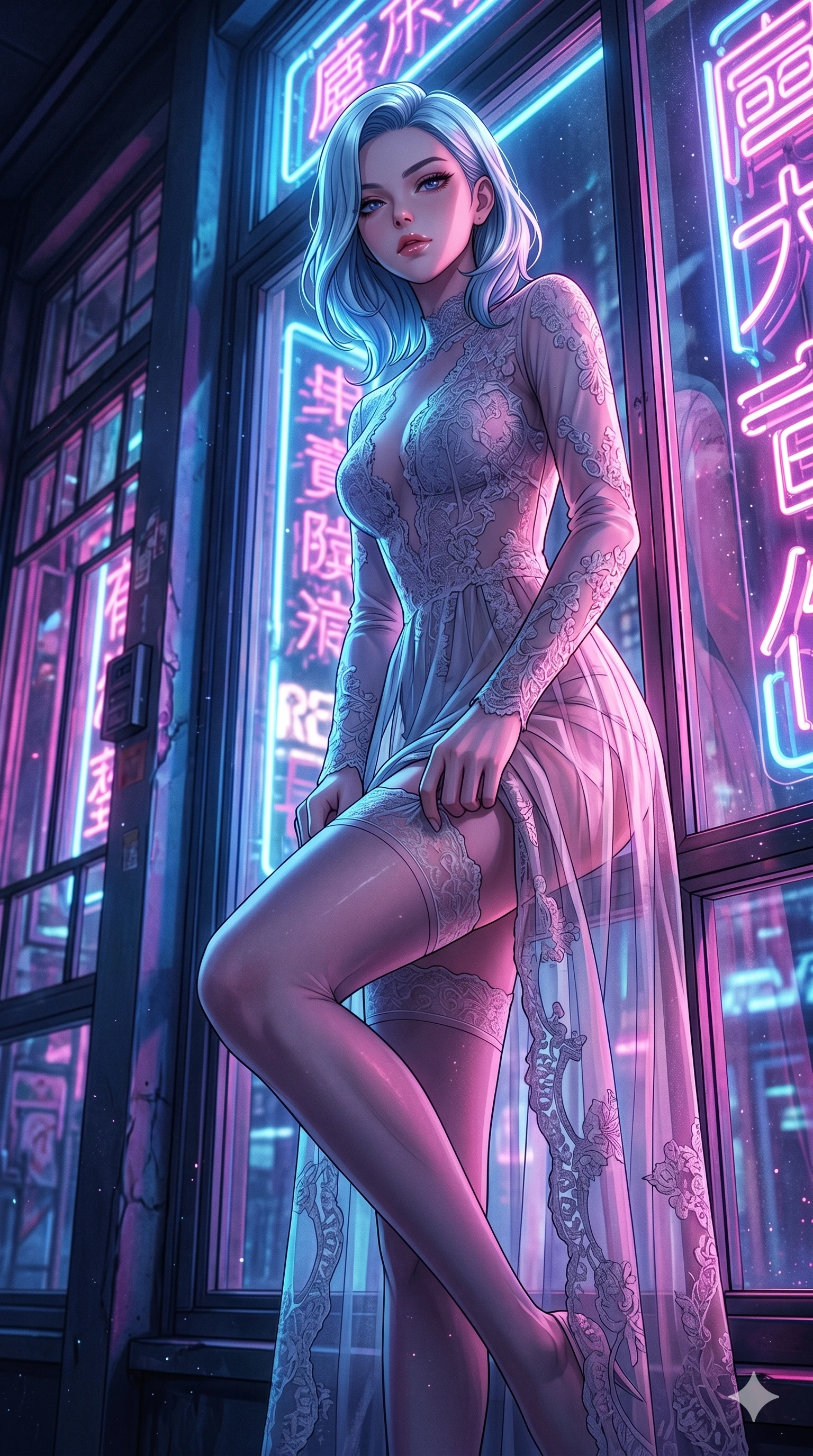 score_9, masterpiece, best quality, ultra-detailed, High-budget Anime Keyframe, Korean woman. Low angle cowboy shot filling the entire 9:16 frame with her statuesque presence. Scenario 77: Adjusting her sculptural over-the-knee stocking by a glowing neon window. Her presence is magnetic and overpowering in this high-budget anime scene. Outfit 77: A delicate technical lace long with a artistic translucent overlays and delicate lace embroidery. The clothing is designed to emphasize her exceptionally tall and slender 8-heads proportion. 8-heads proportion, towering silhouette, ultra-slim waist. sharp v-shaped jawline, intricate jewel-like eyes with depth, thick eyelashes, glossy lips. 2k, ultra detail, master piece, 9:16 ratio