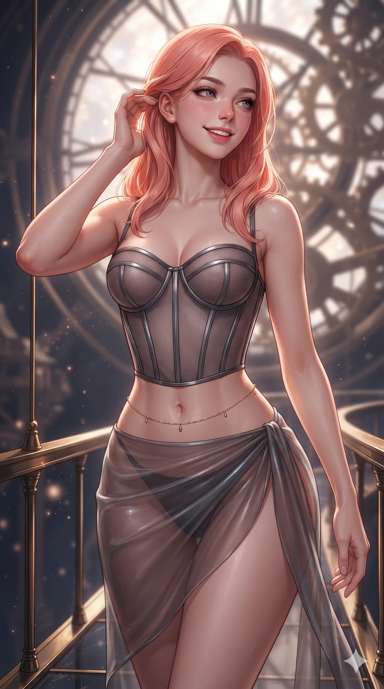 score_9, masterpiece, best quality, ultra-detailed, high-budget anime keyframe, editorial fashion photography, tasteful artistic composition, Japanese woman. close-up cowboy shot from the waist and thighs up, the character dominates the composition, filling the frame with her large presence. gently brushing a lock of hair behind her ear while casting a playful, flirtatious side-gaze with long eyelashes while standing poised on the suspended observation bridge amidst monumental interlocking brass and obsidian gear trains, arching her back with siren allure as celestial clockwork ticks. The background shows a soft-focus astronomical observatory particulate glow softened in celestial clockwork tower shallow focus. She has an exceptionally elegant, slender, and willowy female figure with an ultra-slim waist, flat toned midriff, narrow ribcage, and sculpted feminine hips creating an alluring, slim hourglass silhouette without bulk. sharp v-shaped jawline, high-bridge nose, intricate jewel-like sparkling eyes with depth, thick eyelashes, glossy parted lips with a natural peach sheen, bright cheerful beaming smile with an enchanting and coquettish sensual glint, exuding both youthful cute charm and seductive allure, flawlessly proportioned anatomical accuracy, strict slender model proportions, natural body alignment, perfectly sculpted long slender limbs, ultra-slim waistline, clean dynamic posture without body distortion. wearing a provocative translucent mesh corset bodice with boned satin channels paired with a sheer chiffon wrap skirt in charcoal grey and polished chrome, crafted from stretch micro-mesh with liquid foil coating that shimmers with every movement, accented with a dainty gold belly chain resting across her flat midriff and curving hips, the liquid-tight tailored fabric clinging flawlessly to her narrow waist and rounded feminine hips, emphasizing every millimeter of her sculpted slim hourglass curves without any bulky heaviness. illuminated by gear train reflection bounce and sharp gold-violet rim lights sculpting her razor-sharp jawline, narrow waist, and curvy hips. ultra-reflective glossy finish, specular highlights, rich textural contrasts, high-contrast stereoscopic depth, volumetric dynamic lighting, 2k, ultra detail, master piece, 9:16 ratio