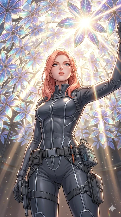 score_9, masterpiece, best quality, ultra-detailed, high-budget anime keyframe, Japanese woman. Upper body close-up from the thighs up, character filling the screen for maximum presence. Standing under a dome of glowing solar-panel flower leaves, loo