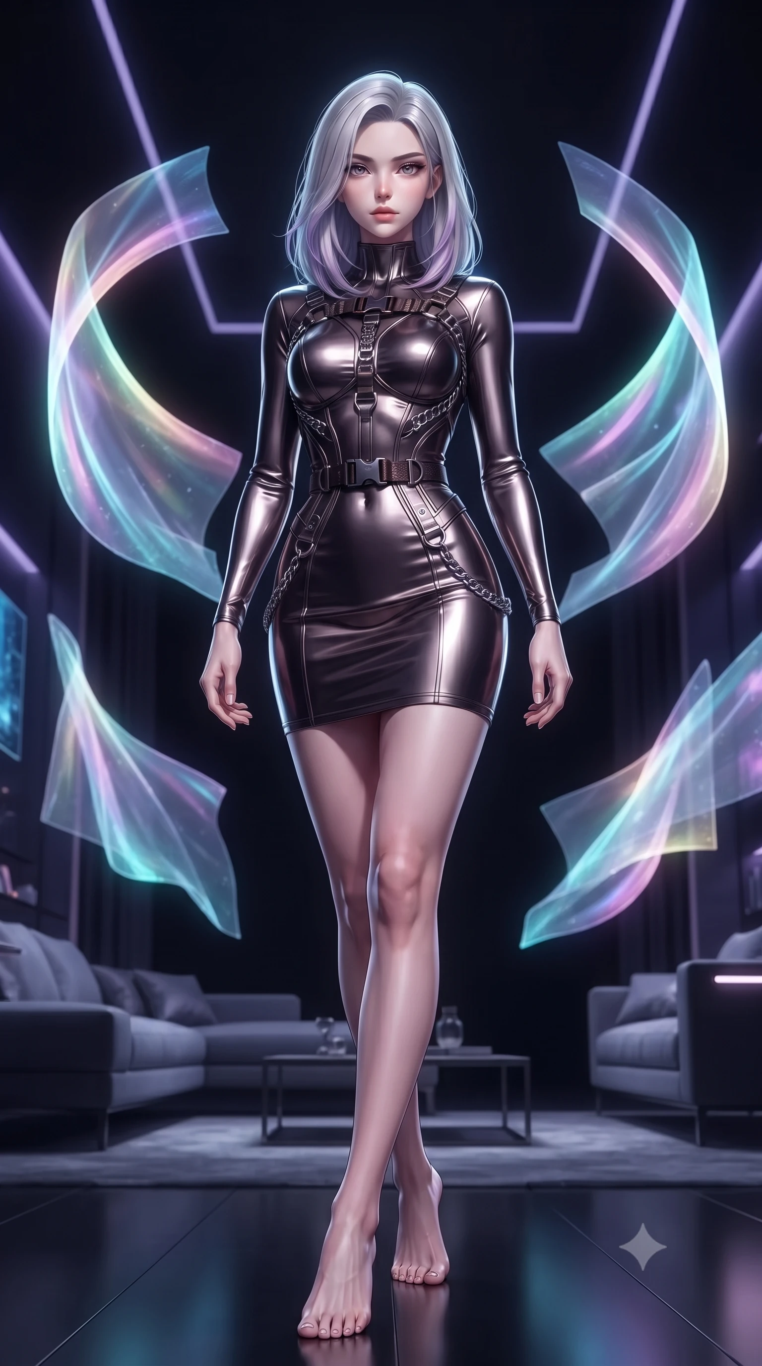 score_9, masterpiece, best quality, ultra-detailed, high-budget anime keyframe, editorial fashion photography, tasteful artistic composition, Caucasian woman. low angle full-body shot from head to toe showing her feet, filling the entire 9:16 vertical frame with her statuesque presence, stretching her vertical silhouette. stepping gracefully through the luxurious environment, stretching her statuesque silhouette, standing in a high-tech apartment filled with floating holographic silk tapestries, holographic silk tapestries projecting vibrant pastel light arcs around her. She has an absolutely perfect, statuesque 8.5-heads proportion, an exceptionally tall and slender model-like female figure with impossibly long slender legs and an ultra-slim waist. sharp v-shaped jawline, high-bridge nose, intricate jewel-like eyes with depth, thick eyelashes, glossy lips with a natural sheen. wearing aerodynamic second-skin dark silver metallic bodycon dress in dark mahogany, made of liquid dark mercury jersey, framed by dark titanium buckles and silver chain details, accentuating her gracefully sculpted slender torso. illuminated by dark violet and cyan holographic light rays against a black void. ultra-reflective glossy finish, specular highlights, metallic sheen, high-contrast stereoscopic depth, volumetric dynamic lighting, 2k, ultra detail, master piece, 9:16 ratio
