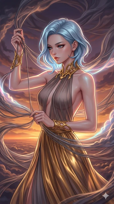 score_9, masterpiece, best quality, ultra-detailed, high-budget anime keyframe, Korean woman. upper body close-up from the thighs up, character filling the screen for maximum presence. threading through a volumetric cloud weave where storm clouds are