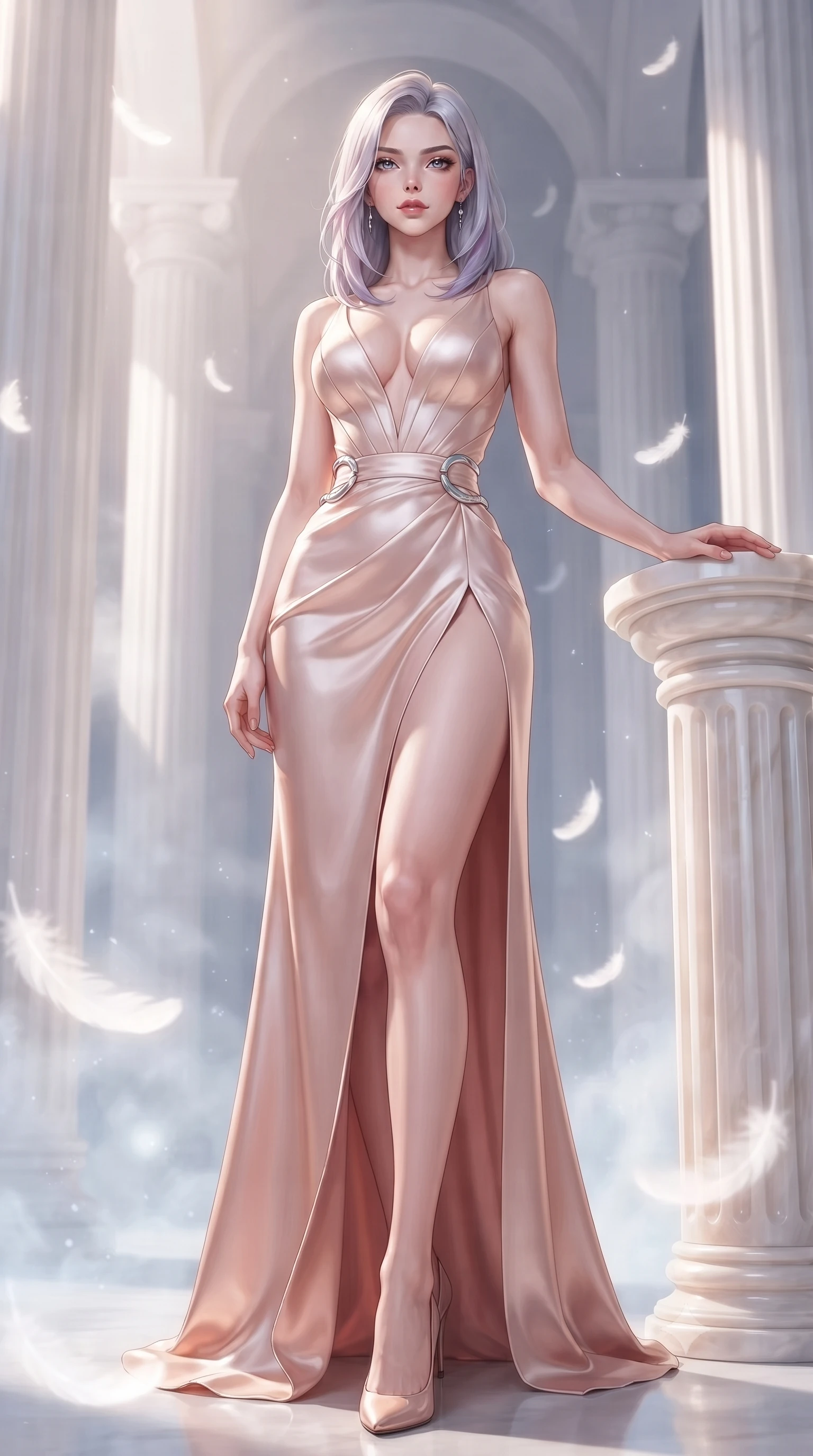 score_9, masterpiece, best quality, ultra-detailed, high-budget anime keyframe, editorial fashion photography, tasteful artistic composition, Caucasian woman. low angle full-body shot from head to toe showing her feet, filling the entire 9:16 vertical frame with her statuesque presence, stretching her vertical silhouette. forging confidently through the floating crystal mist, holding a poised statuesque stance, resting against an alabaster pillar surrounded by glowing white feather dust, pure alabaster columns framed by gentle water mist in soft focus. She has an absolutely perfect, statuesque 8.5-heads proportion, an exceptionally tall and slender model-like female figure with impossibly long slender legs and an ultra-slim waist. sharp v-shaped jawline, high-bridge nose, intricate jewel-like eyes with depth, thick eyelashes, glossy lips with a natural sheen. wearing low-cut structured bodice gown in liquid pearl with high leg slit in soft blush pink, made of soft rose-gold satin, accented with sculpted opal chrome rings at the waist, the fitted fabric emphasizing her ultra-slim waist. lit by clear sun-drenched light casting gentle morning shadows. highly saturated vibrant anime colors, detailed shading with soft gradients, rich glossy textures, high-contrast stereoscopic depth, volumetric dynamic lighting, master piece, 9:16 ratio