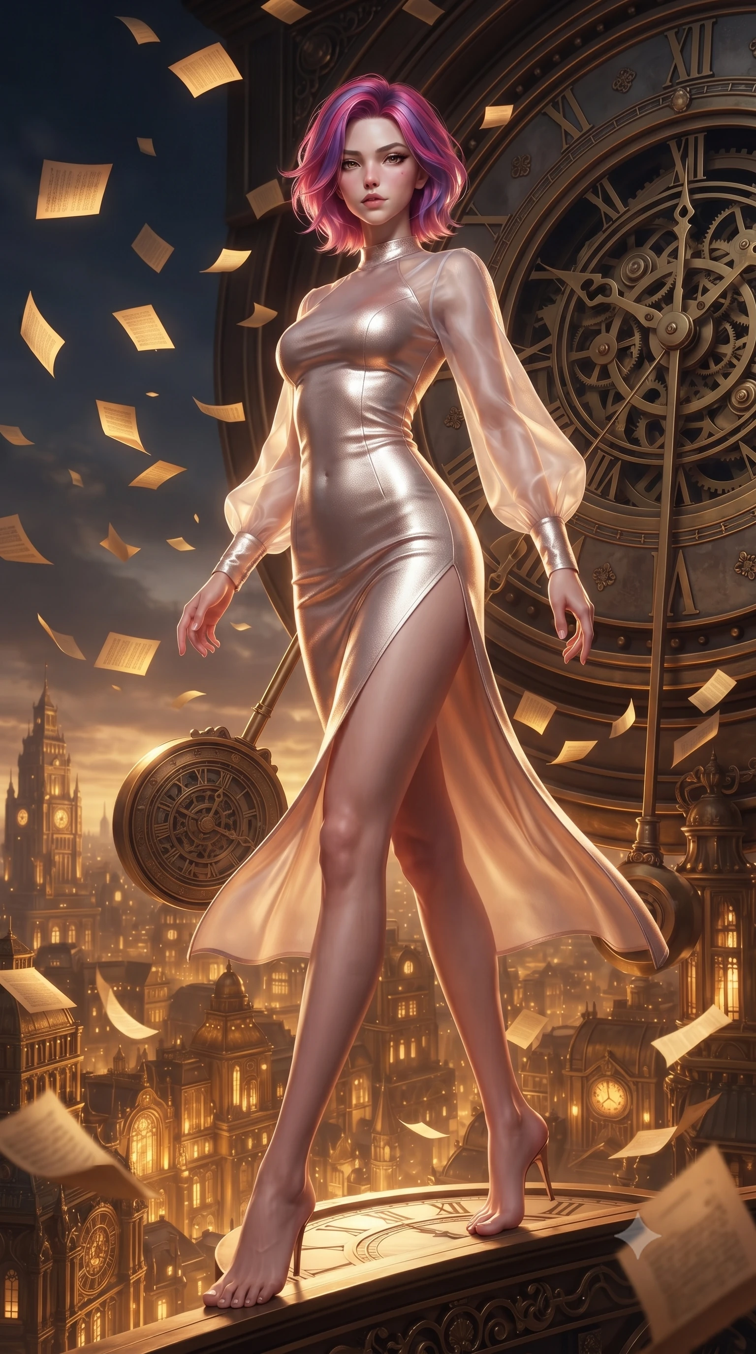 score_9, masterpiece, best quality, ultra-detailed, high-budget anime keyframe, editorial fashion photography, tasteful artistic composition, Caucasian woman. low angle full-body shot from head to toe showing her feet, filling the entire 9:16 vertical frame with her statuesque presence, stretching her vertical silhouette. forging dynamically through the scene, her vertical silhouette beautifully stretched poised on a massive mechanical clock pendulum swinging over a golden city, golden paper pages fluttering gently around her in a magical breeze. She has an absolutely perfect, statuesque 8.5-heads proportion, an exceptionally tall and slender model-like female figure with impossibly long slender legs and an ultra-slim waist. sharp v-shaped jawline, high-bridge nose, intricate jewel-like eyes with depth, thick eyelashes, glossy lips with a natural sheen. wearing a sleek bodycon knit dress with sheer organza sleeve panels in pearl white and rose gold, crafted from smooth liquid silk, finished with a sleek side slit ascending to mid-thigh, the form-contouring material highlighting her ultra-slim waist and long lines. surrounded by warm hearth light and dramatic bronze rim highlights. ultra-reflective glossy finish, specular highlights, metallic sheen, high-contrast stereoscopic depth, volumetric dynamic lighting, 2k, ultra detail, master piece, 9:16 ratio